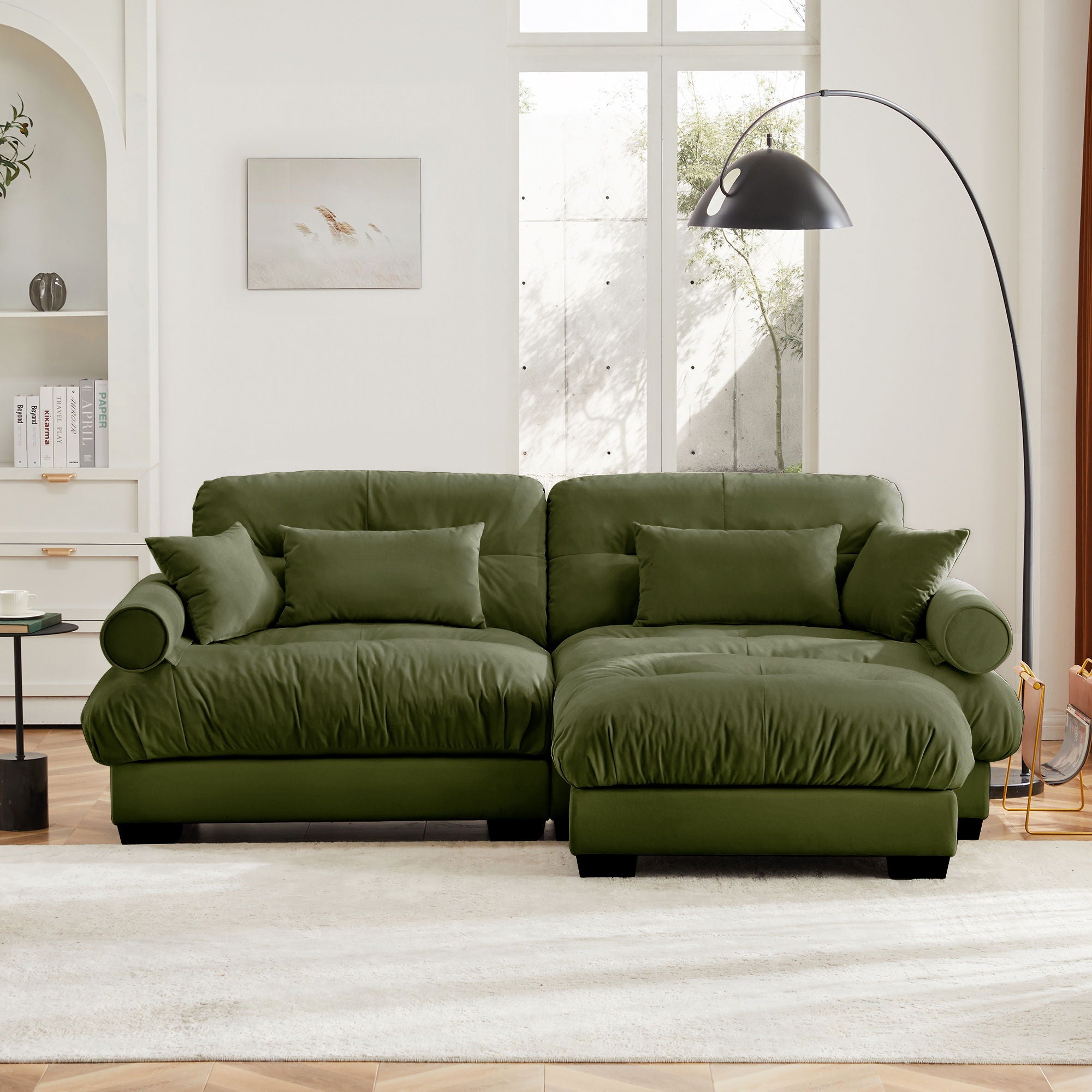 Modern Sectional Sofa With Ottoman, Round Bolster Armrests, Waist And Throw Pillows