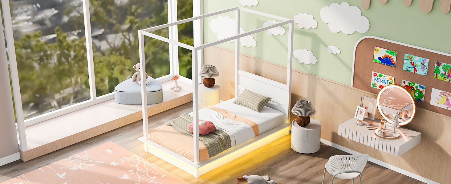 LED Canopy Bed, Canopy Platform Bed With Support Slats, No Box Spring Needed