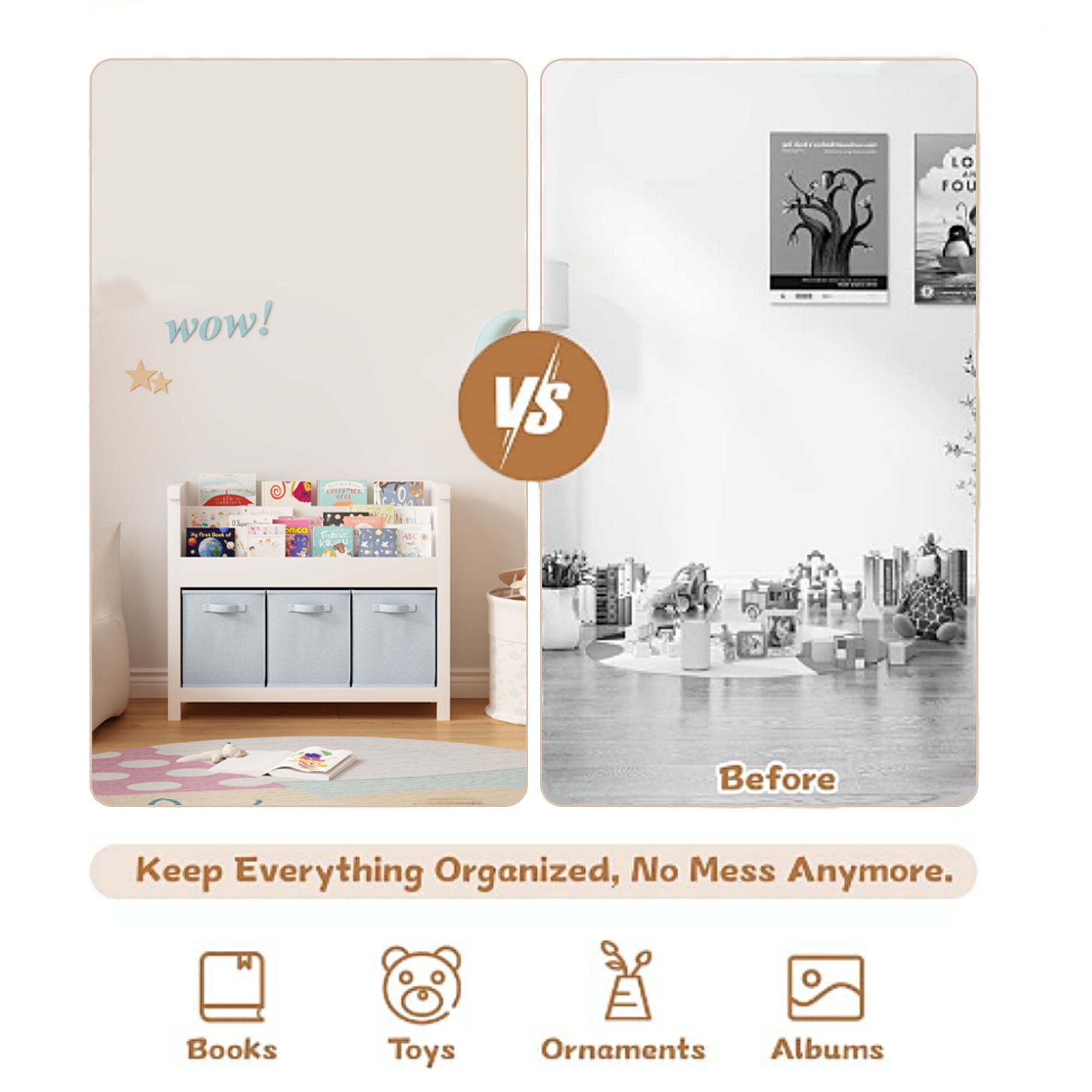 Bookshelf With 3 Tier Front Facing Storage And 3 Bins, Toddler Bookcase For Playroom - White