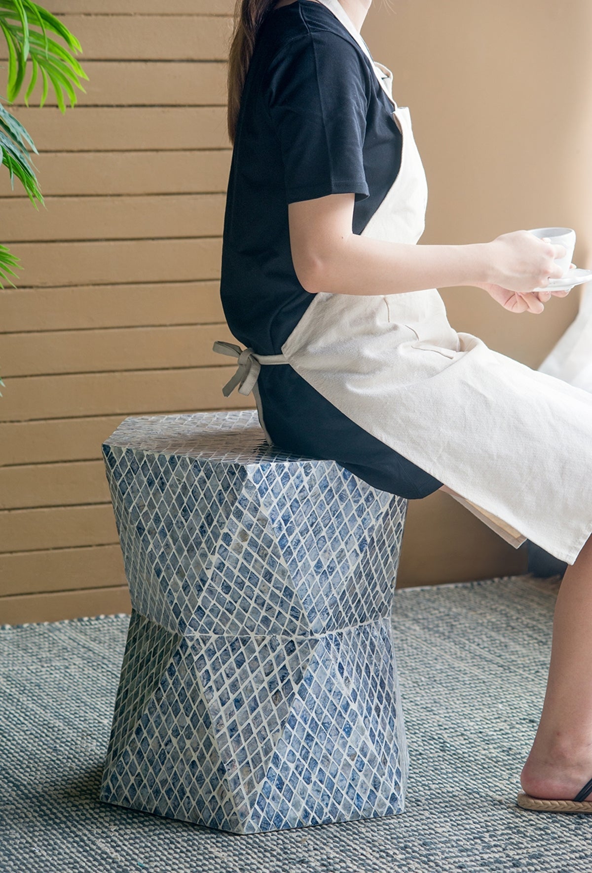 19x19x20" Tapered Blue Garden Capiz Stool, Accent Side Table