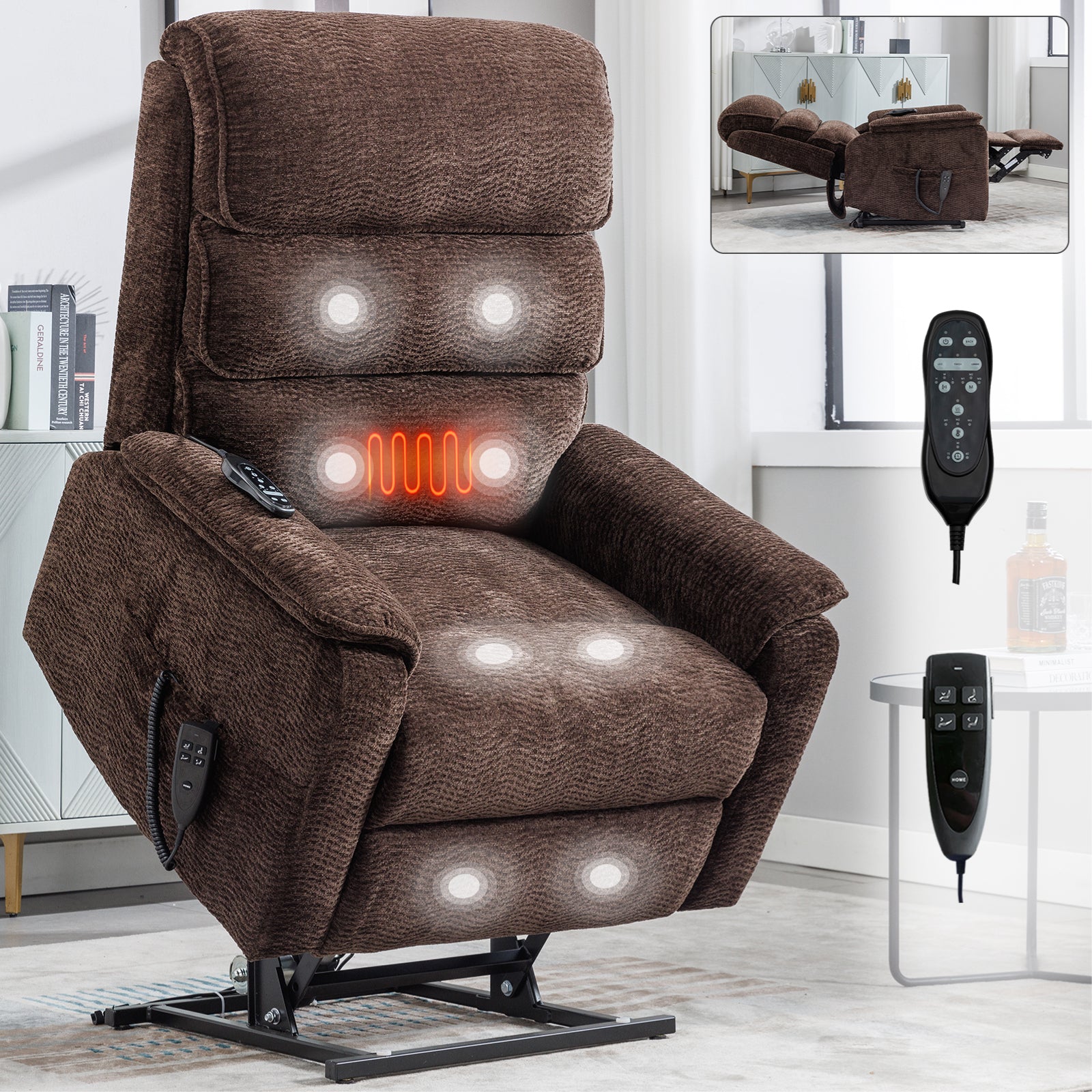 CloudNest Brown Chenille Power Lift Recliner Chair with Power-Remote, Heat Massage