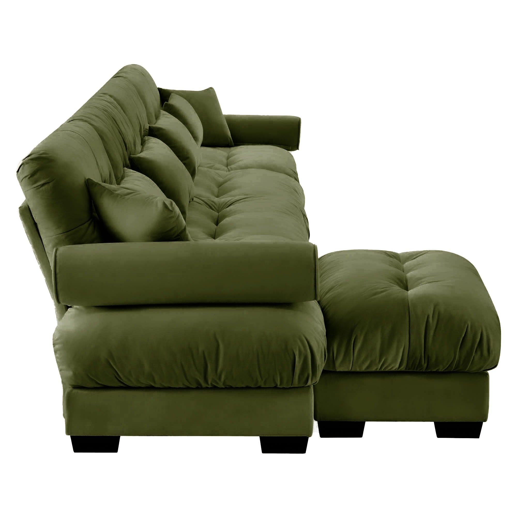 Modern Sectional Sofa With Ottoman, Round Bolster Armrests, Waist And Throw Pillows