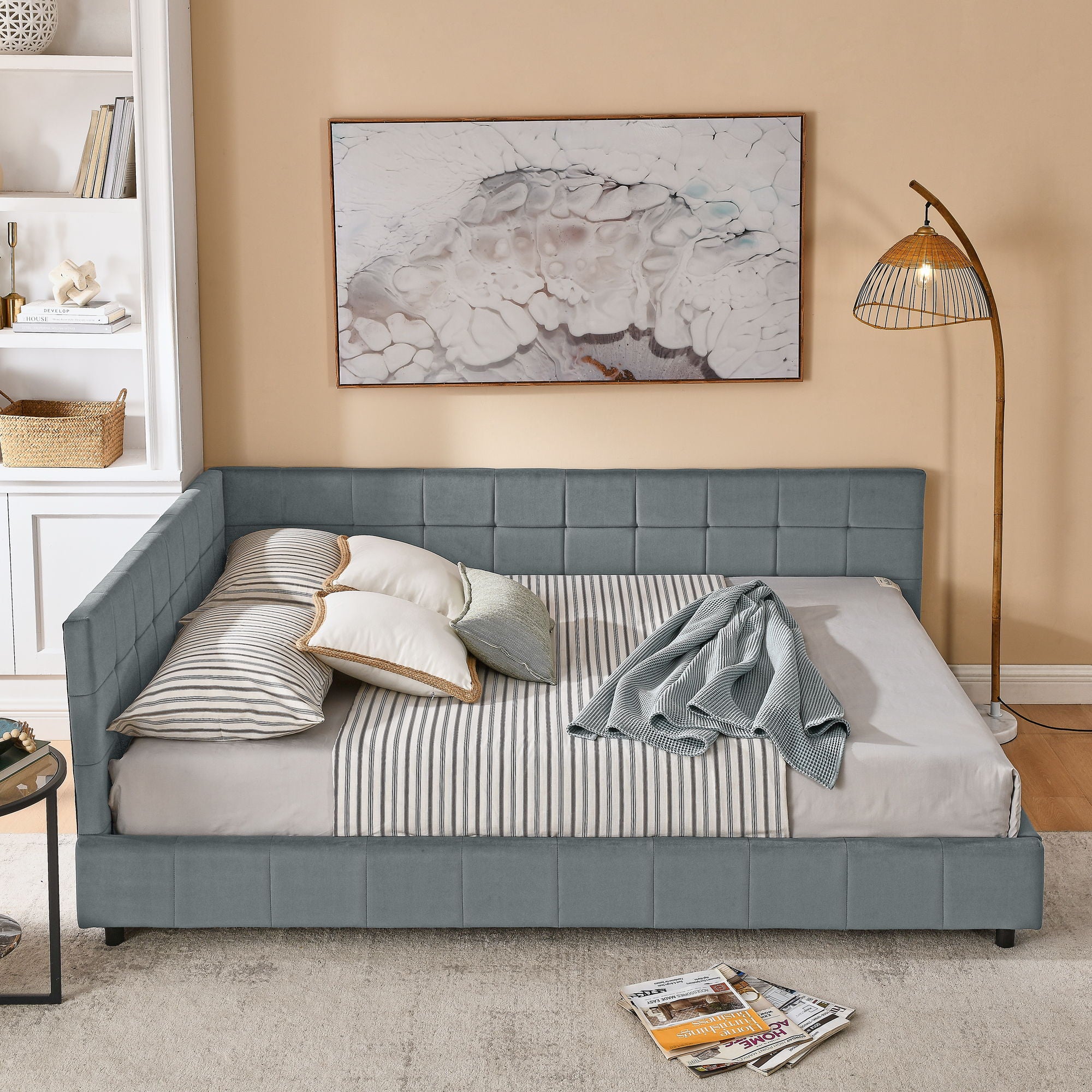 Mid-Century Storage Upholstered Tufted Bed Frame With Backrest And Armrests