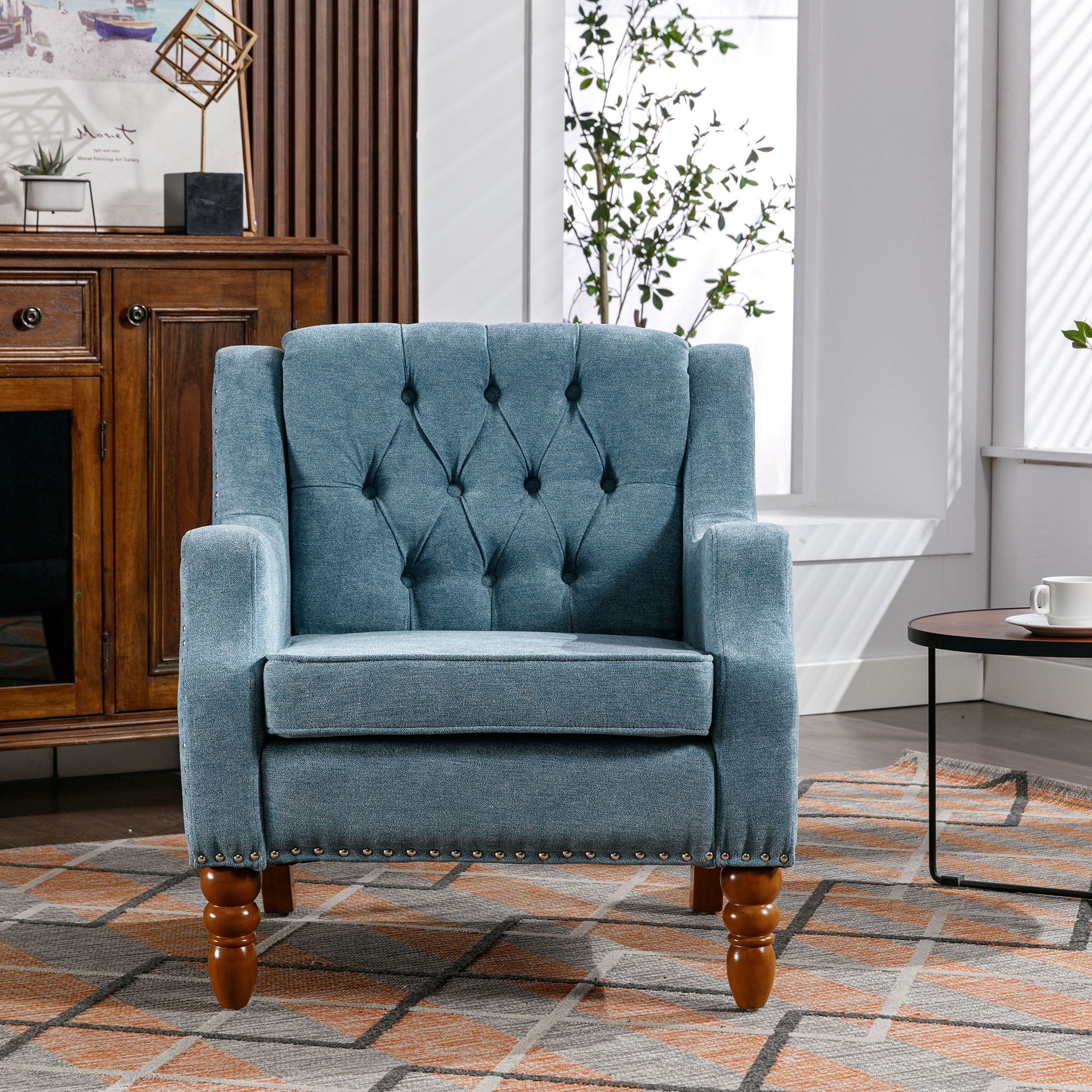 Accent Chair, Living Room Chair, Footrest Chair Set With Vintage Brass Studs, Button Tufted Upholstered Armchair For Living Room, Comfy Reading Chair For Bedroom, Reception Room - Best Buy Furniture