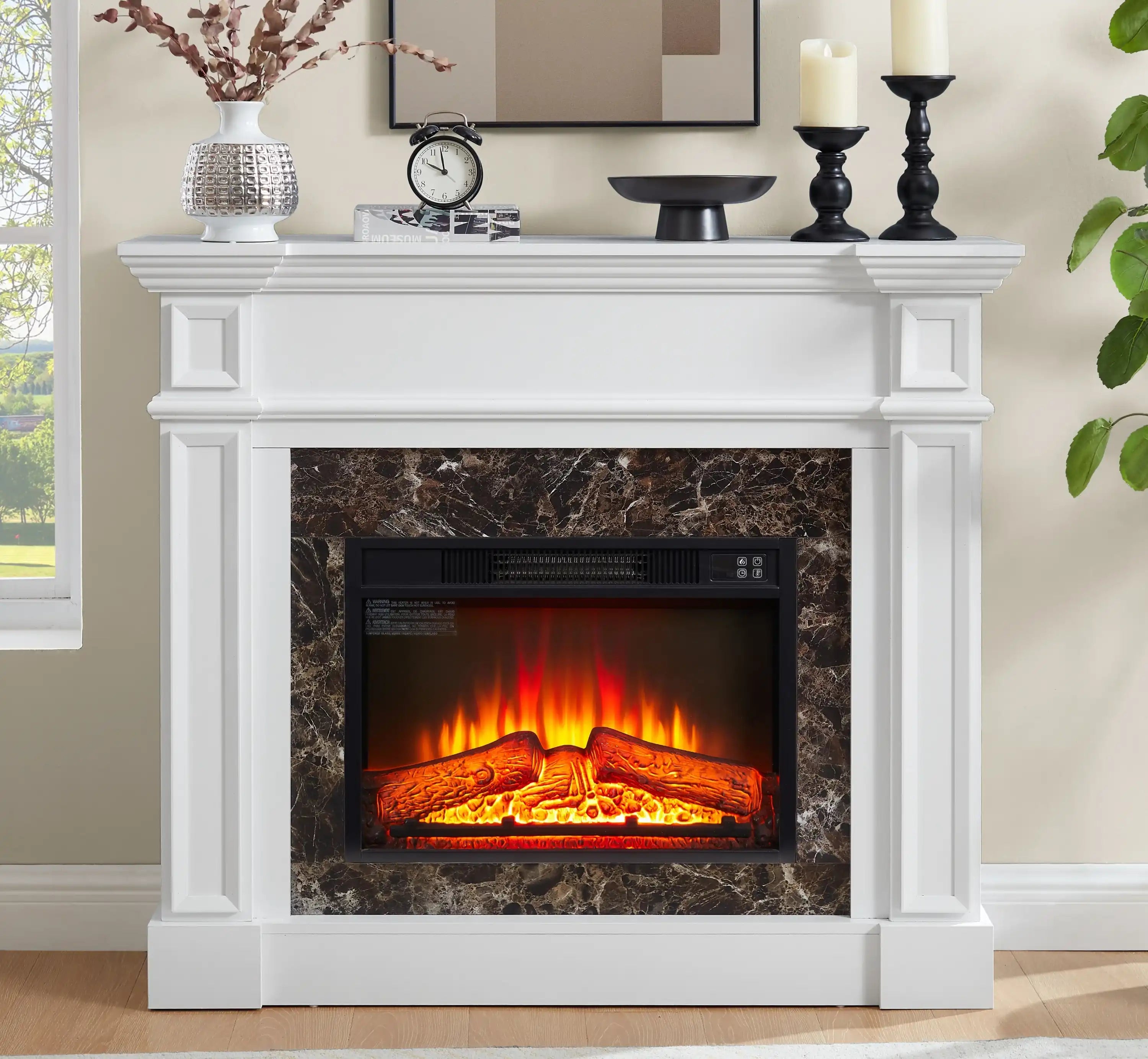 Electric Fireplace Mantel with Remote, White, 45.66"W