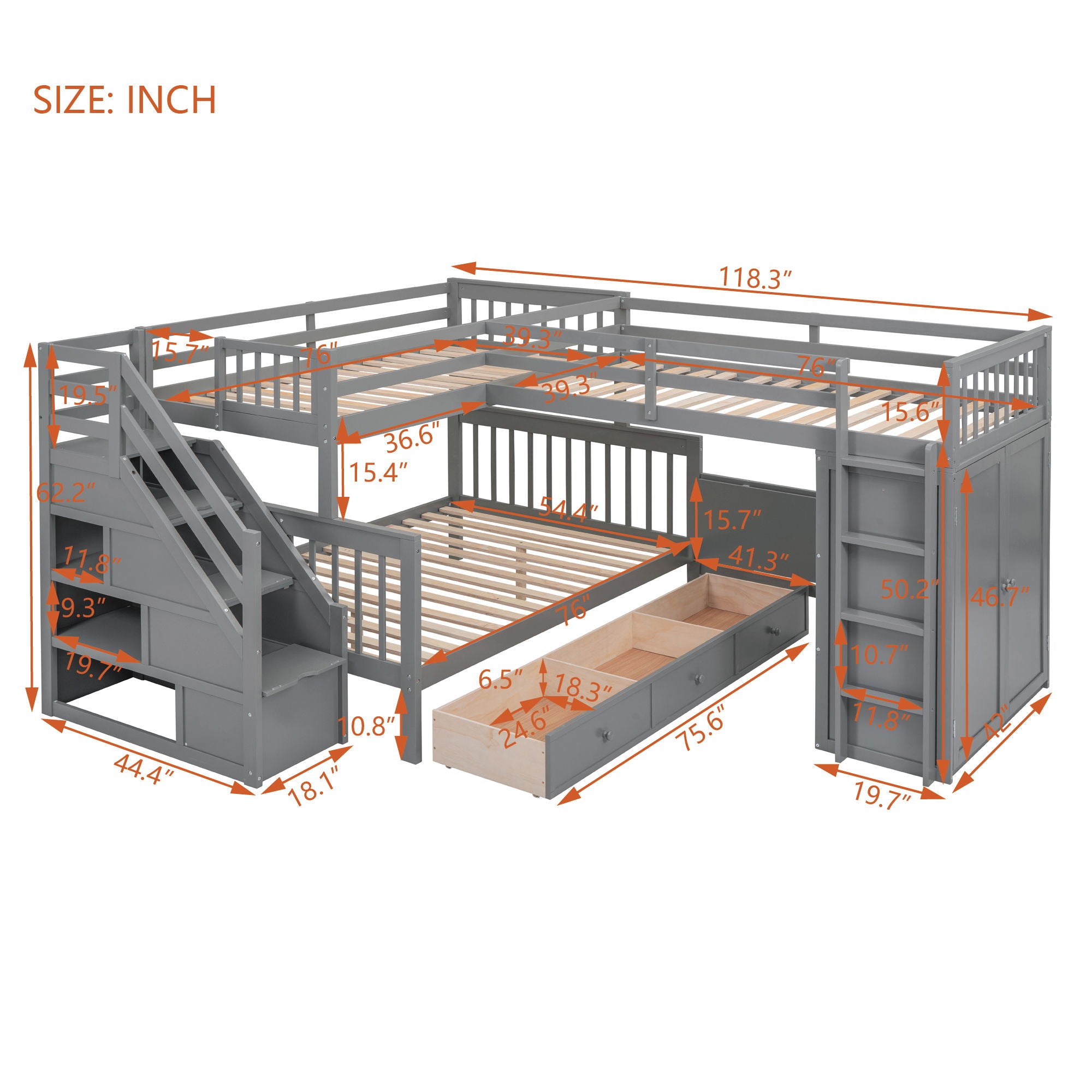 L Shaped Bunk Bed With 3 Drawers, Portable Desk And Wardrobe