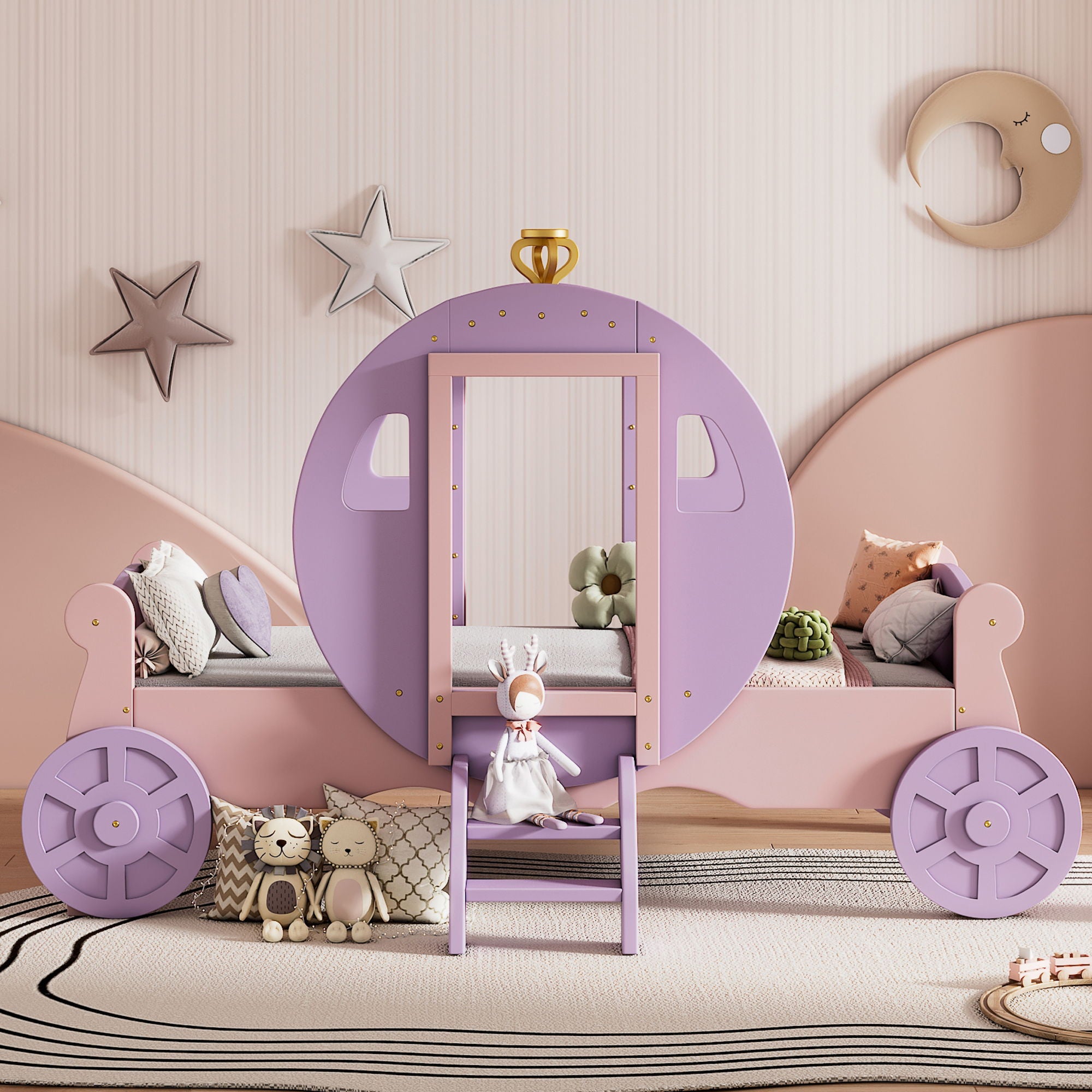 Princess Carriage Bed With Crown, Platform Car Bed With Stair
