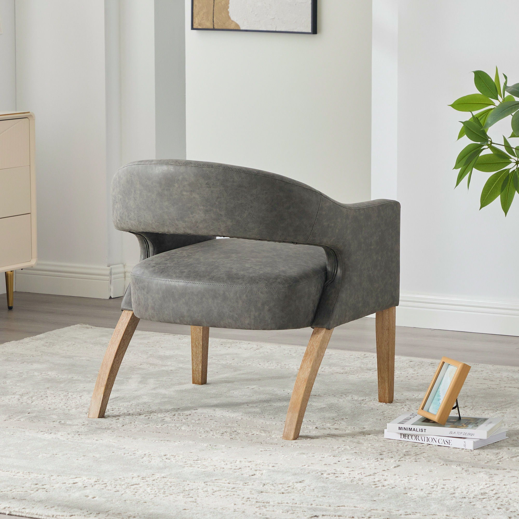Upholstered Open Back Armchair With Weathered Rubberwood Legs