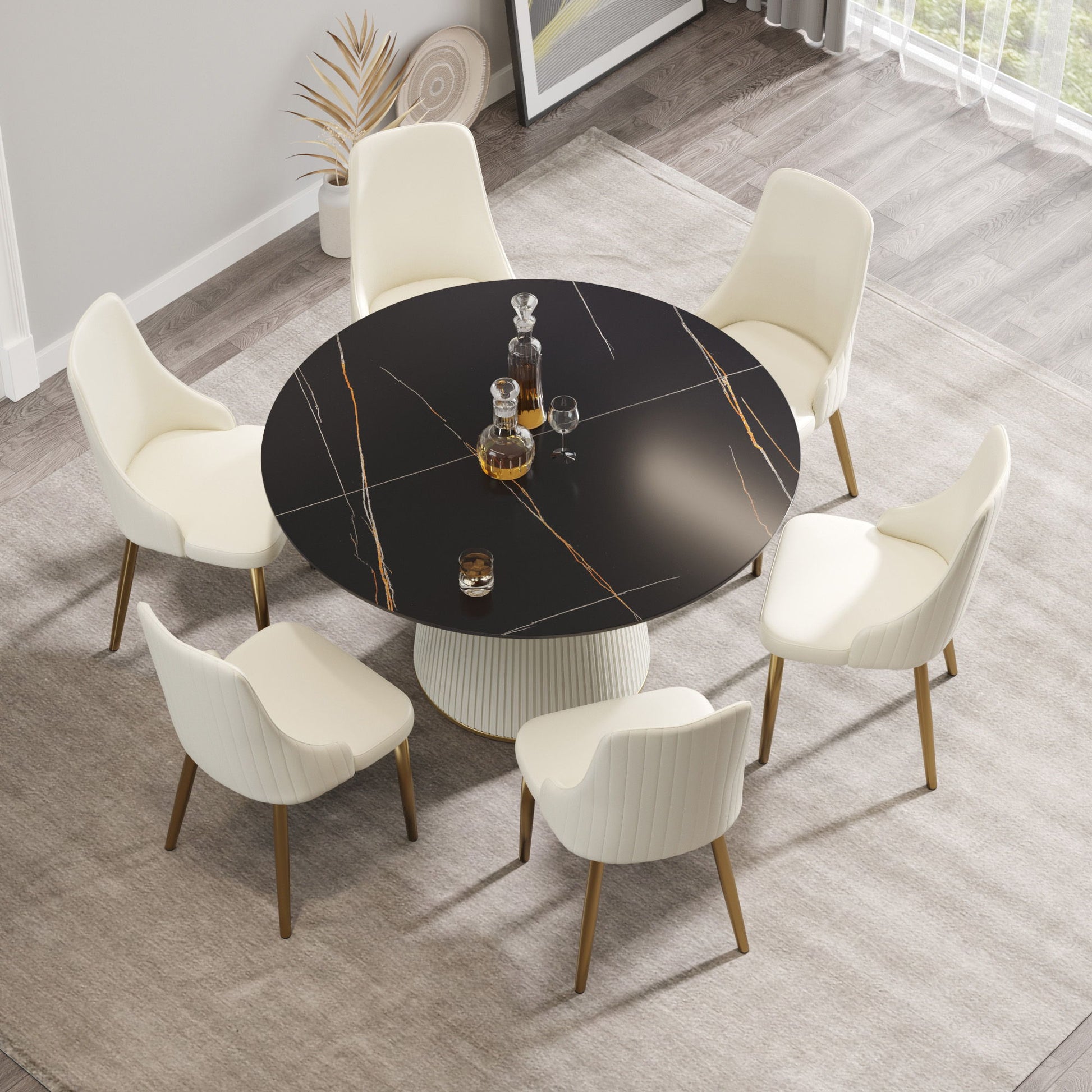 Modern Artificial Stone Round Plywood Base Dining Table, Can Accommodate 6 People, (Not Including Chairs) - Black / Beige - Best Buy Furniture