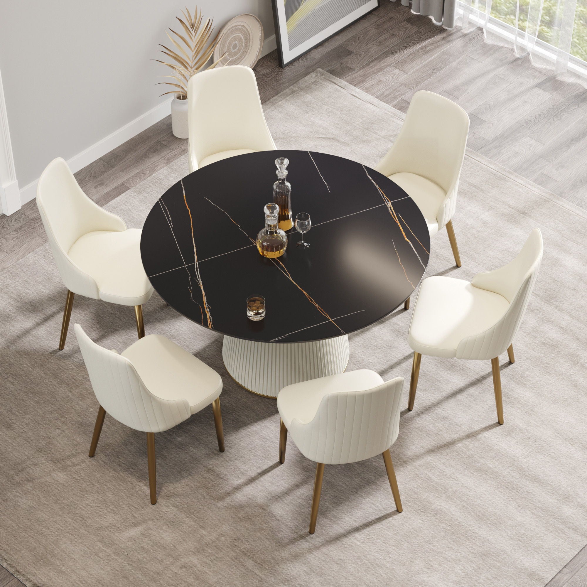 Modern Artificial Stone Round Plywood Base Dining Table, Can Accommodate 6 People, (Not Including Chairs) - Black / Beige - Best Buy Furniture