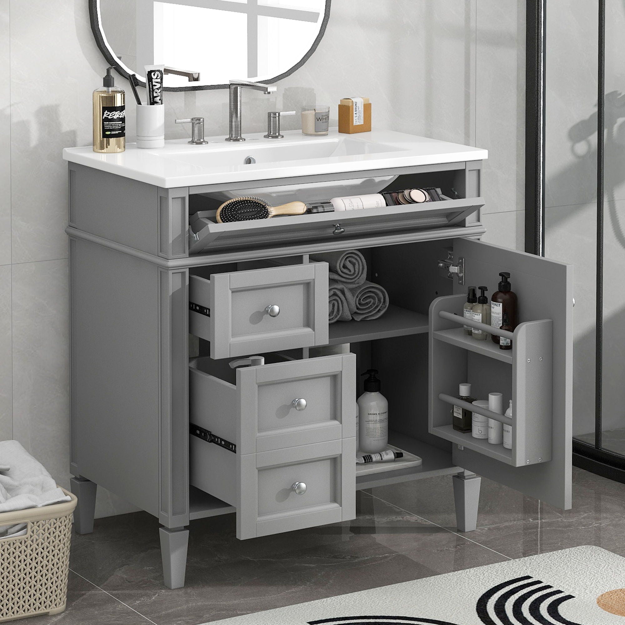 Bathroom Vanity With Top Sink, Storage Cabinet With 2 Drawers, Tip Out Drawer