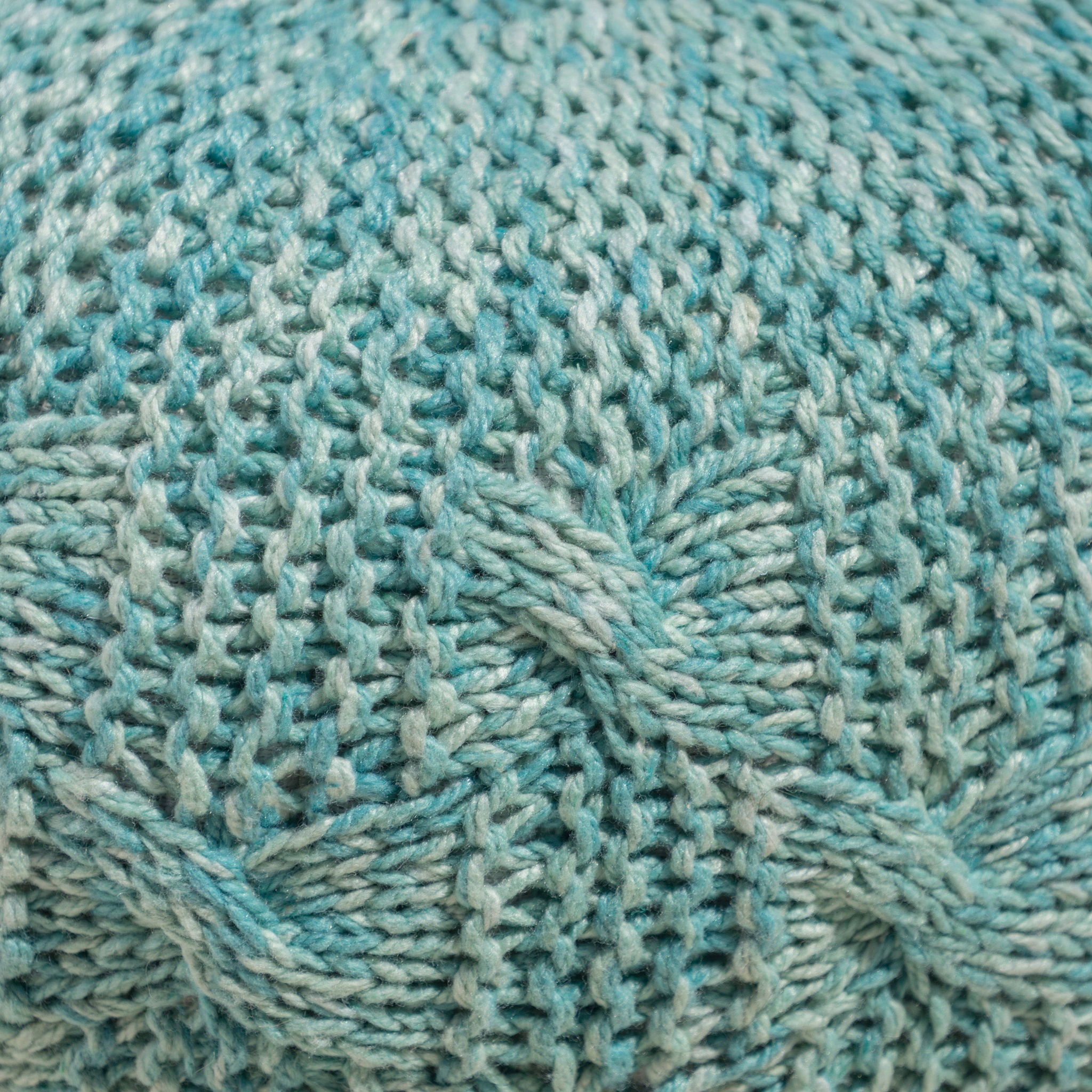 Deon - Knitted Pet Yarn Round Pouf With Classic Cable Knit Design - Aqua