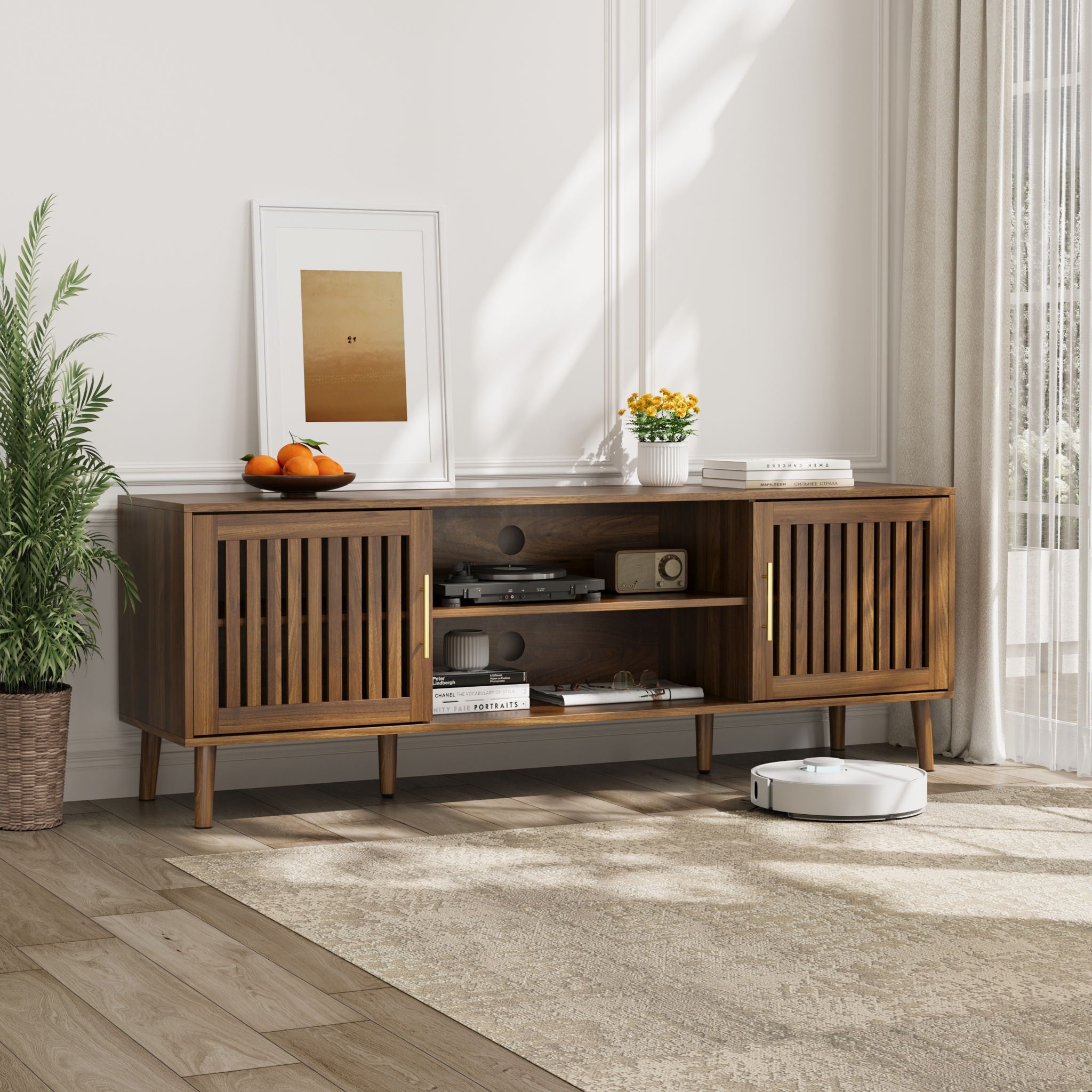 TV Stand With 2 Grille Door Cabinets And Adjustable Storage Rack, Suitable For Medieval Modern TV Cabinets, Entertainment Center With Storage Space - Walnut Wood