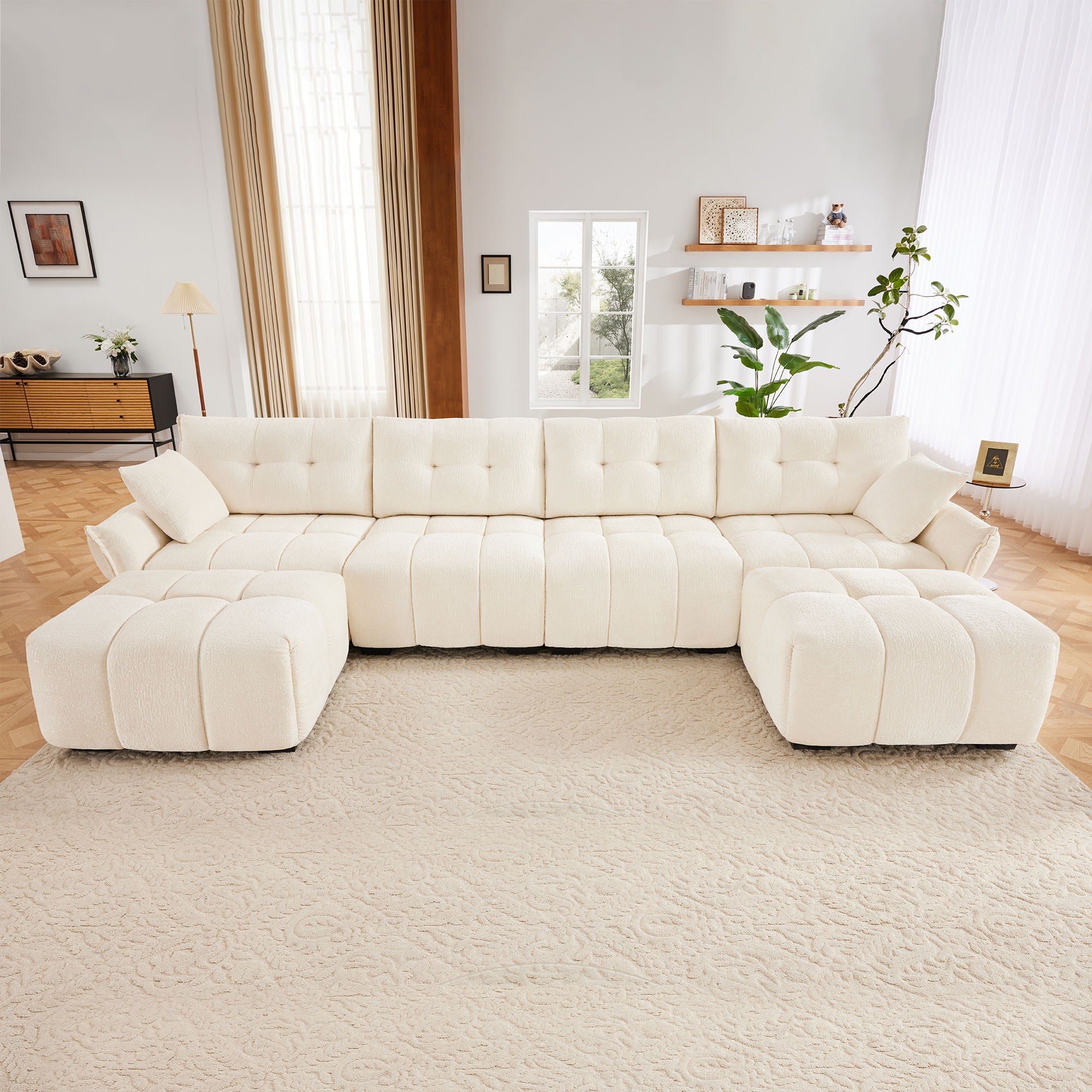 Sofa Set With Ottoman And Pillows, Textured, High Resilience Cushions