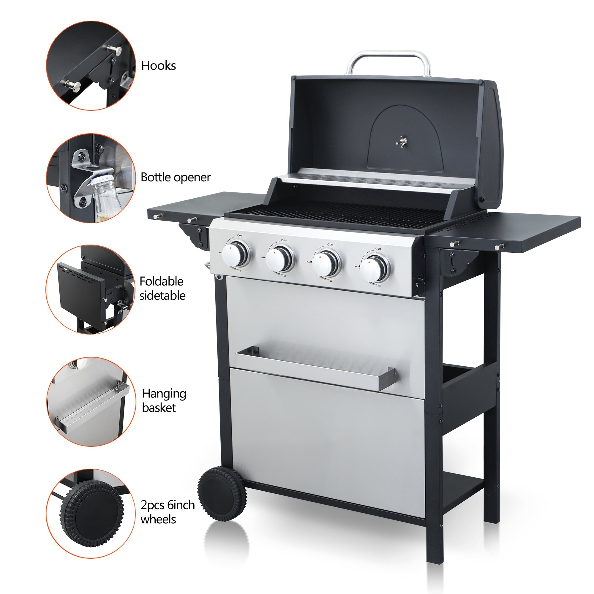 4-Burner Propane Gas BBQ Grill with Stainless Steel and Enamel Grids