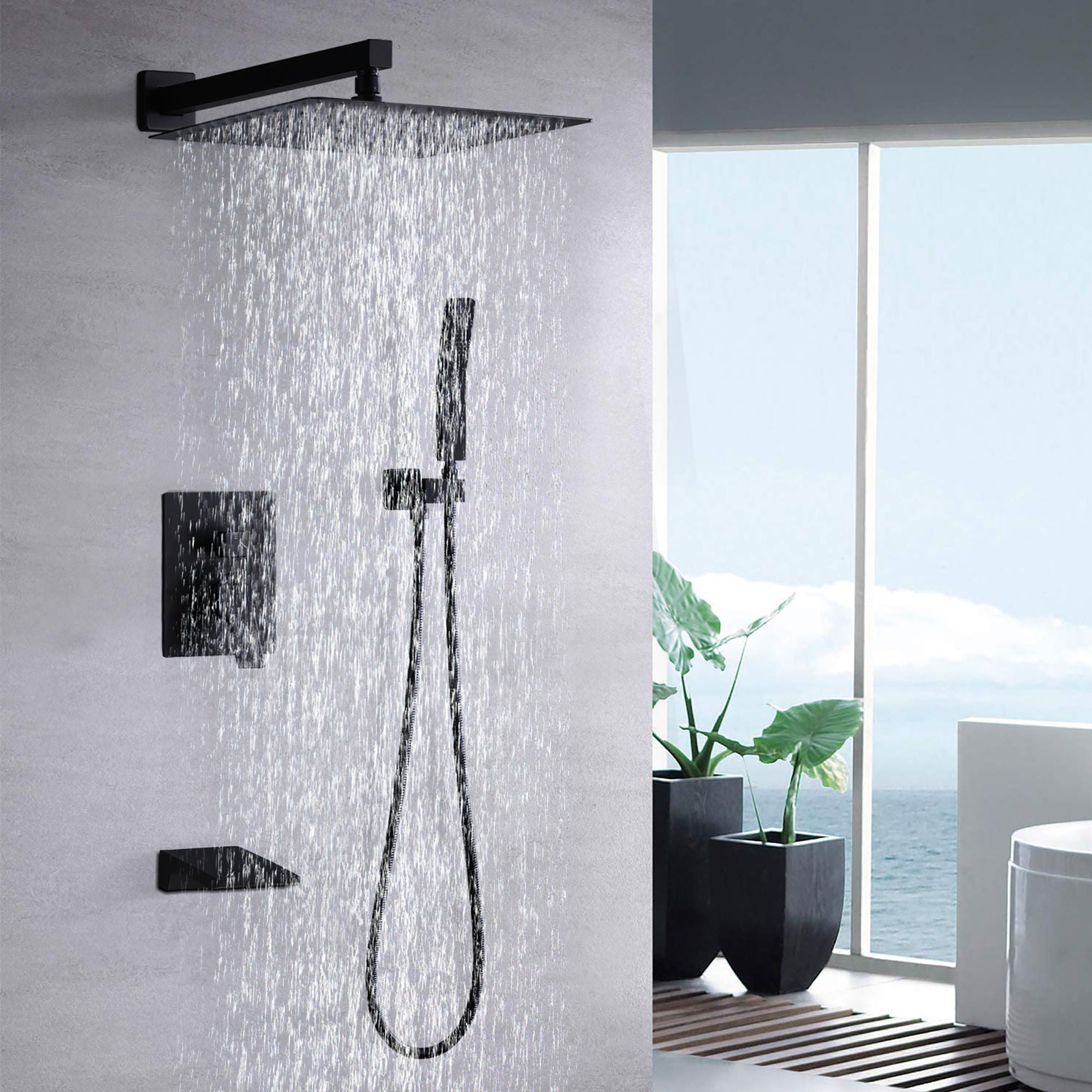 Modern Black Shower Faucet Set Rainfall System With 10" Shower Head And Handheld Combo Stainless Steel - Matte Black