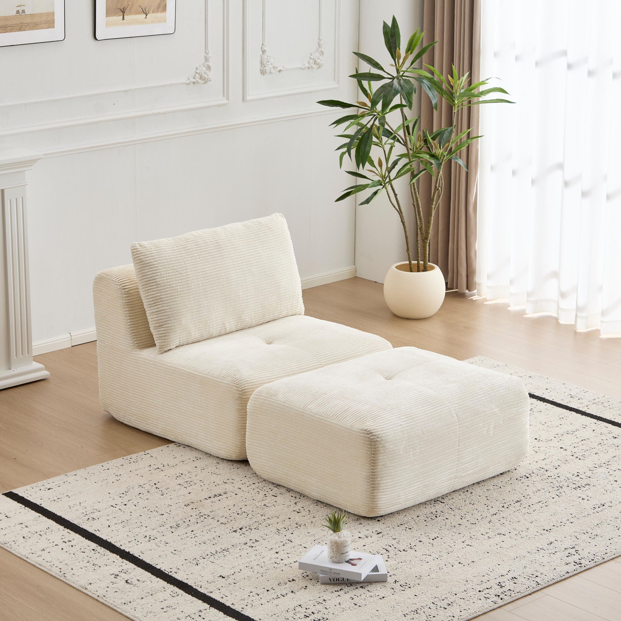 Compressed Sofa, Single Chaise Longue, Movable Ottoman For Living Room - Beige