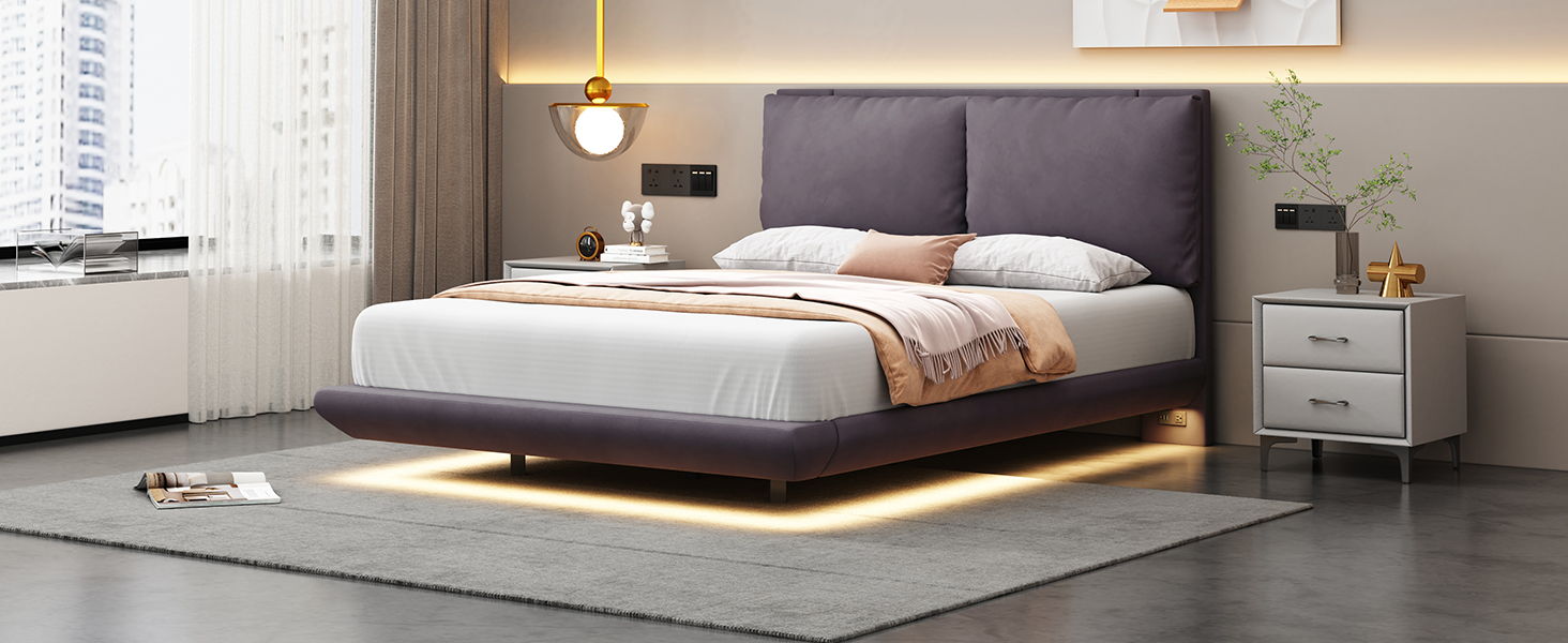 Upholstered Platform Bed With Sensor Light And 2 Large Backrests, With 2 Sets Of USB Port And Socket On Each Rear Bed Leg