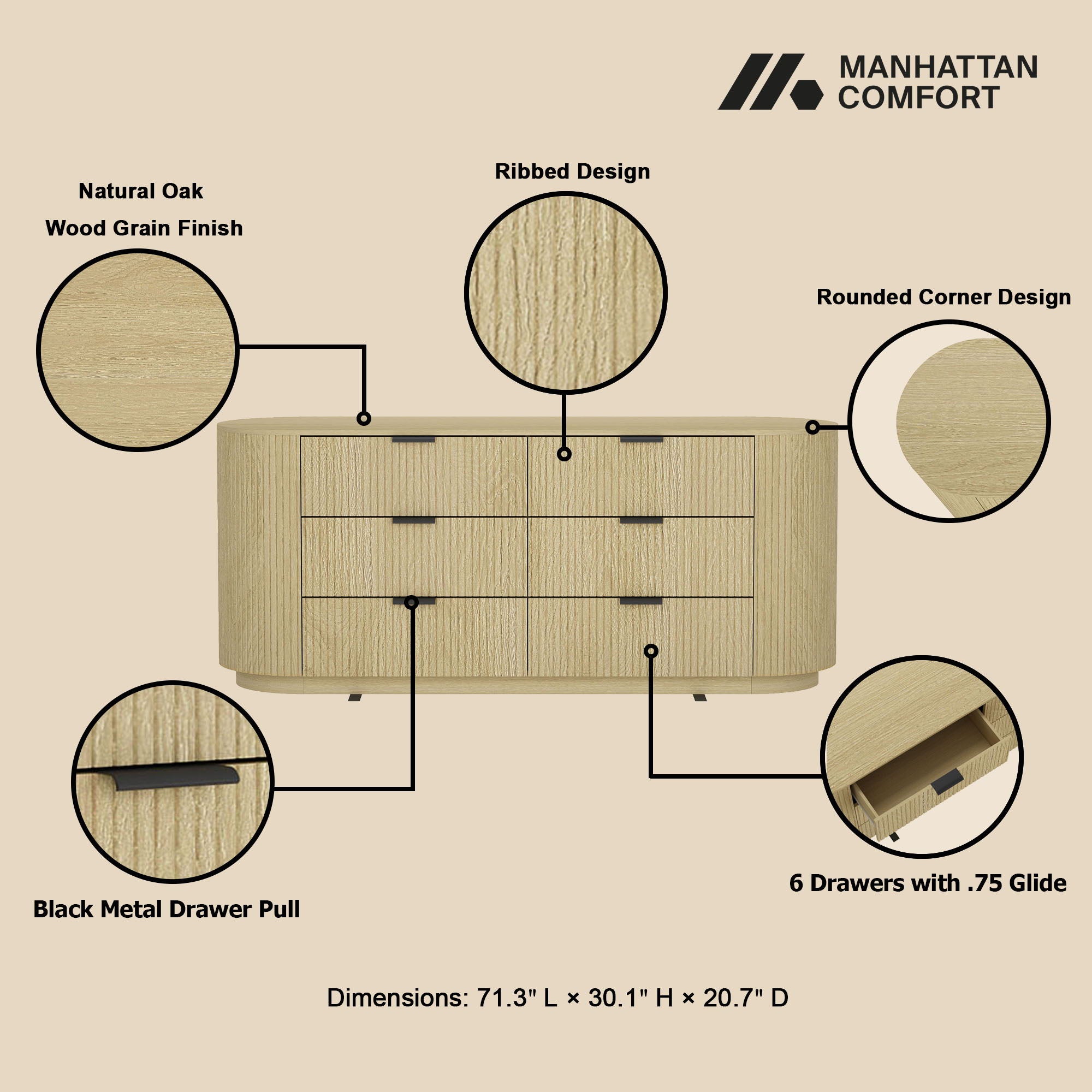 Olivia - Dresser With 6 Drawers - Oak