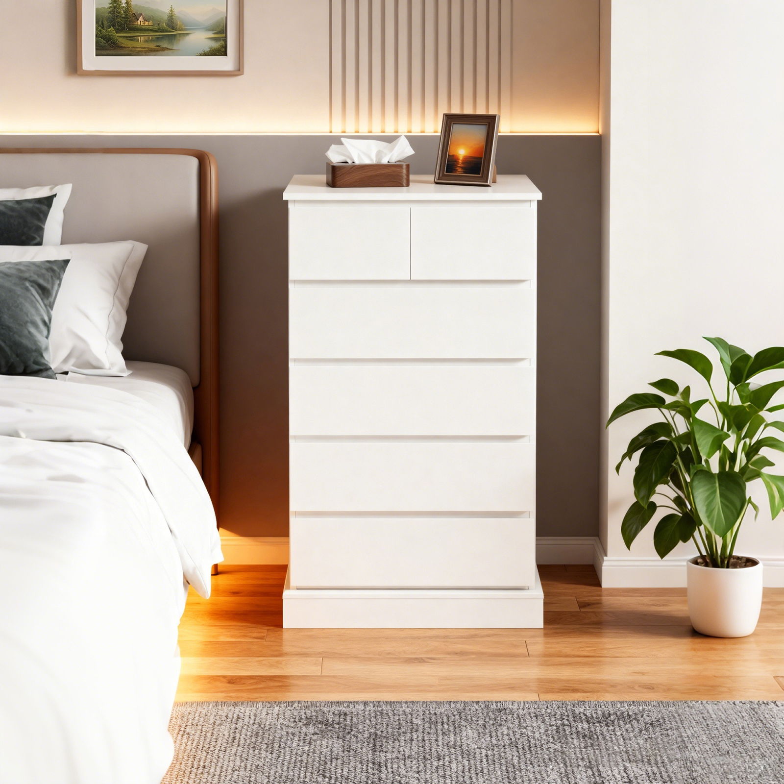 6 Drawer Tall Dresser With Concealed Handles, Vertical Storage Cabinet For Bedroom - White
