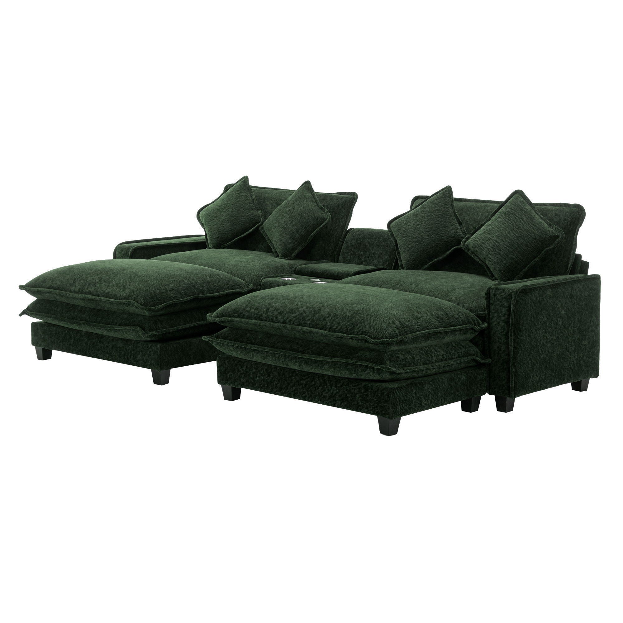 Sectional Sofa Chenille Upholstered Sofa With Two Removable Ottoman, Two USB Ports, Two Cup Holders And Large Storage Box For Living Room