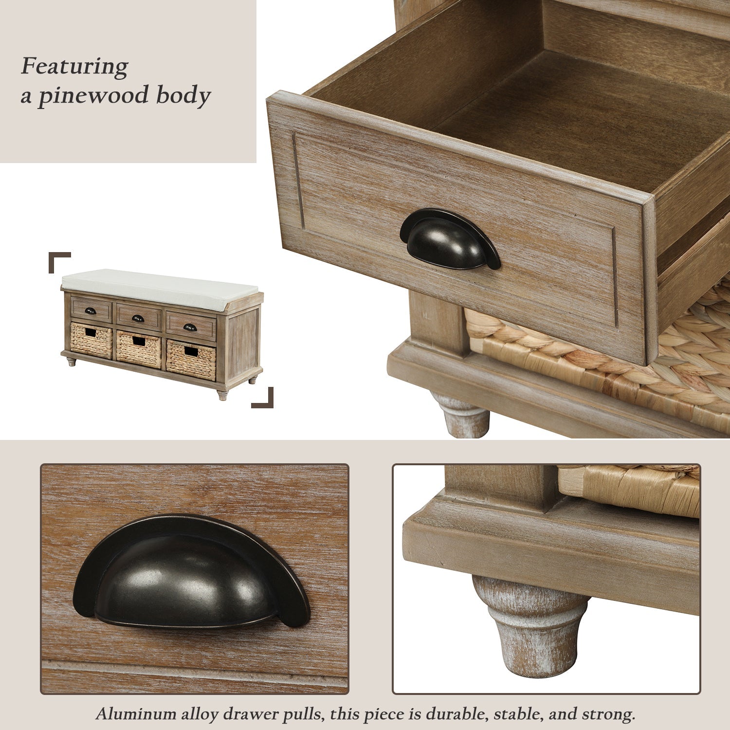 Rustic Storage Bench with 3 Drawers - Best Buy Furniture