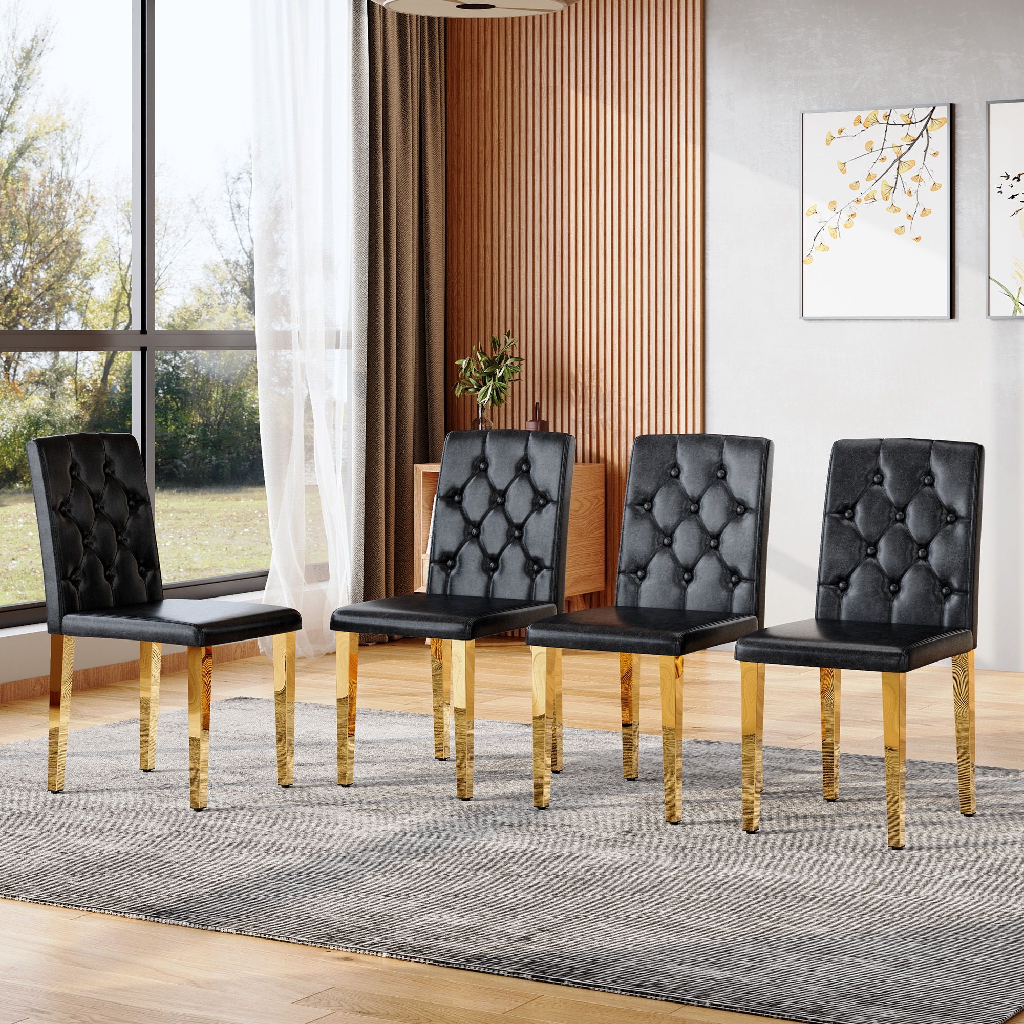 Dining Chairs With Ergonomic Buckle Backrest, Comfortable & Textured For Home (Set of 4) - Black / Gold