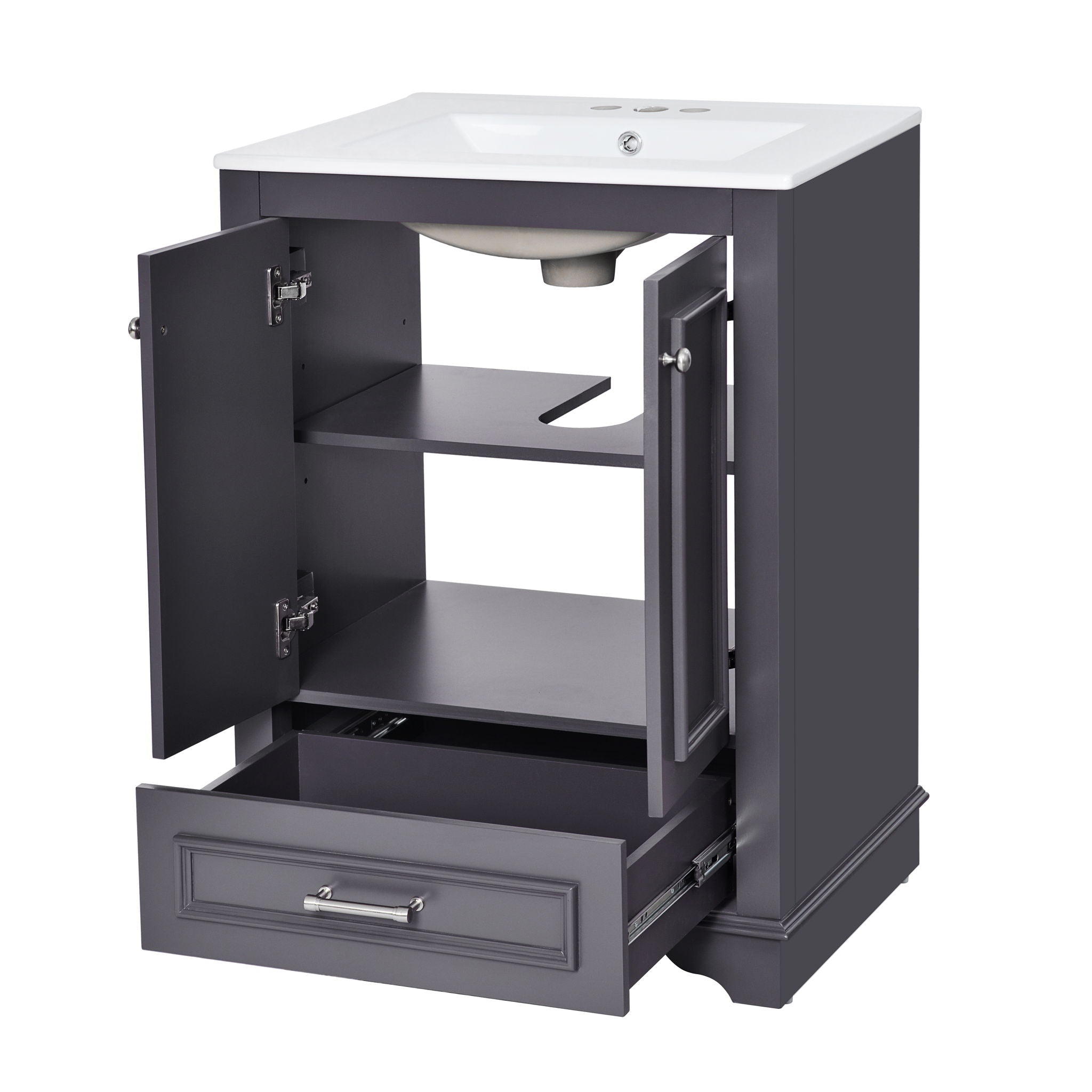 Bathroom Vanity With Ceramic Sink Combo, Modern Freestanding Storage Cabinet With Silver Handles