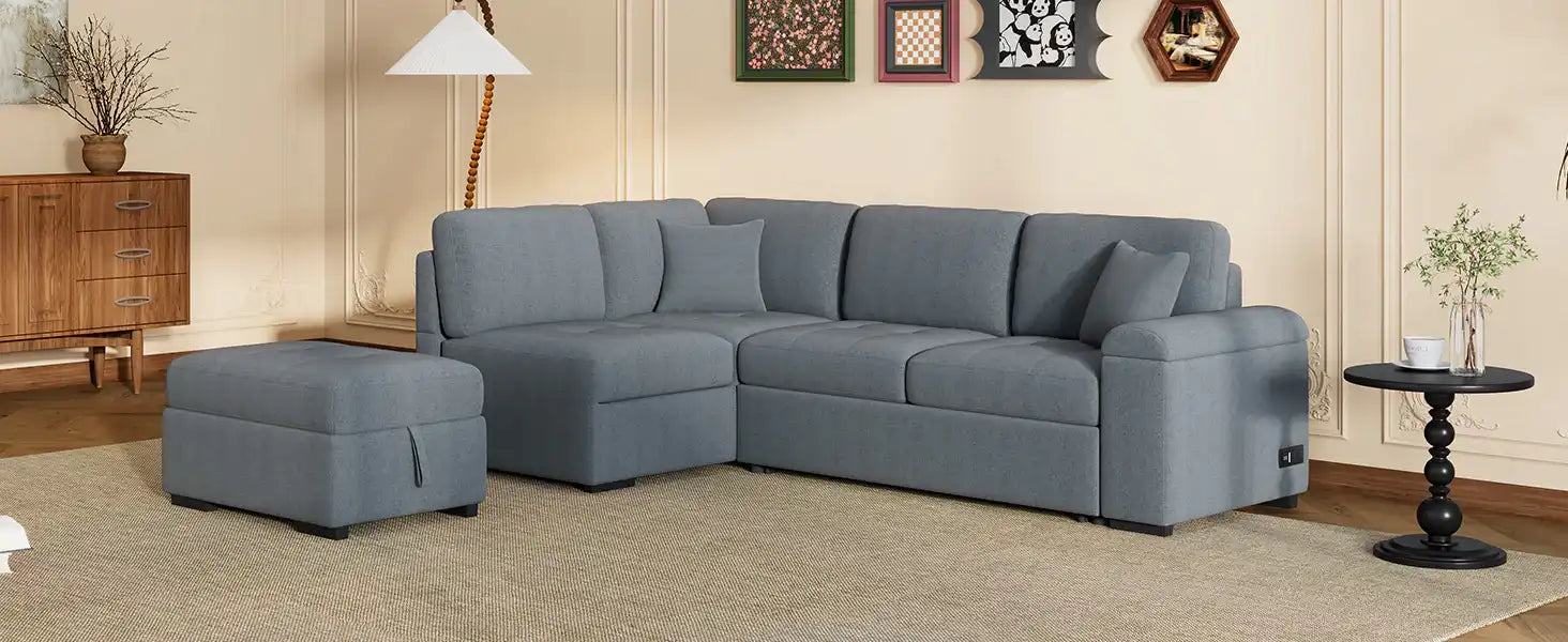 Sleeper Sectional Sofa, L-Shape Corner Couch Sofa-Bed with Storage Ottoman - Best Buy Furniture