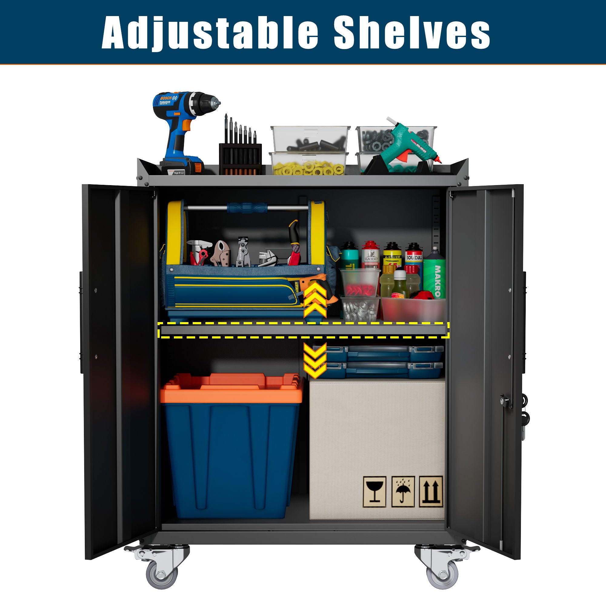 2 Door Tool Cabinets For Garage, Lockable Garage Storage Cabinet, Locking Storage Cabinet With Wheels, Rolling Tool Chest - Black