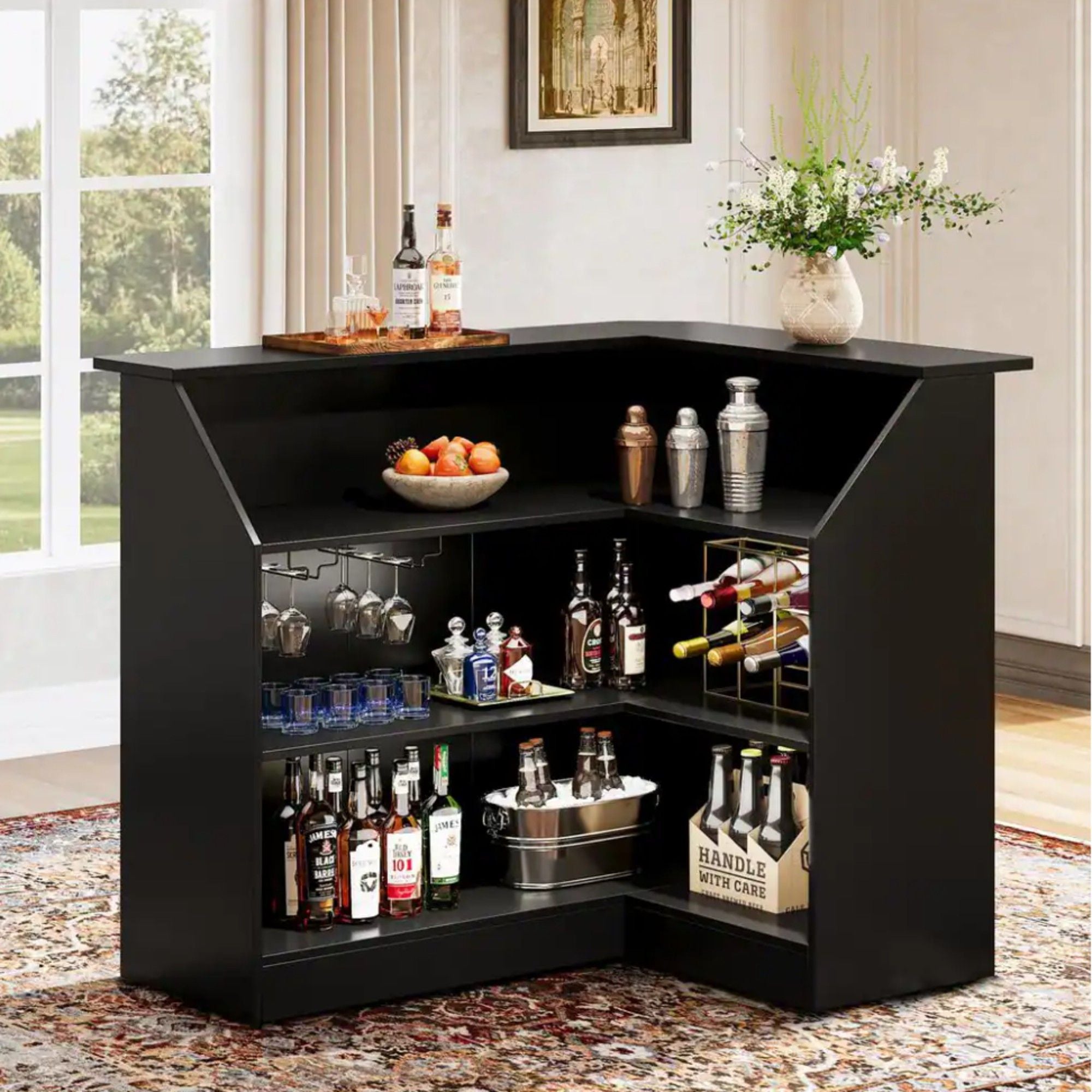 L-Shaped Home Bar Cabinet With Stemware Racks, 4 Tier Corner Unit, Liquor Wine Bar Table & Reception Desk For Home Pub - Black