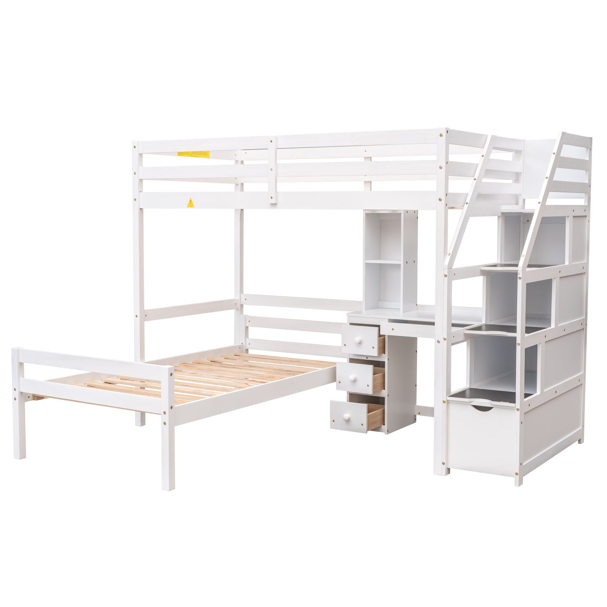 Loft Bed With Stand Alone Bed, Storage Staircase, Desk, Shelves, And Drawers