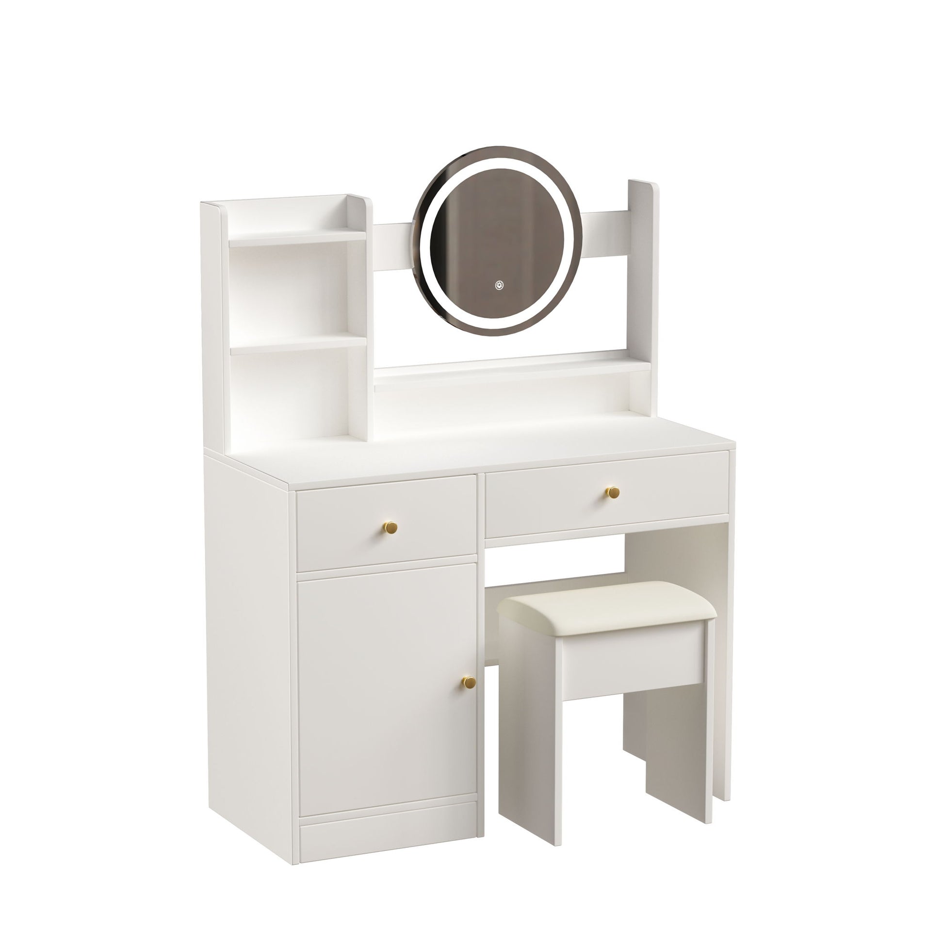 Fashion Vanity Desk With Mirror And Lights For Makeup And Cushioned Chair - White - Best Buy Furniture