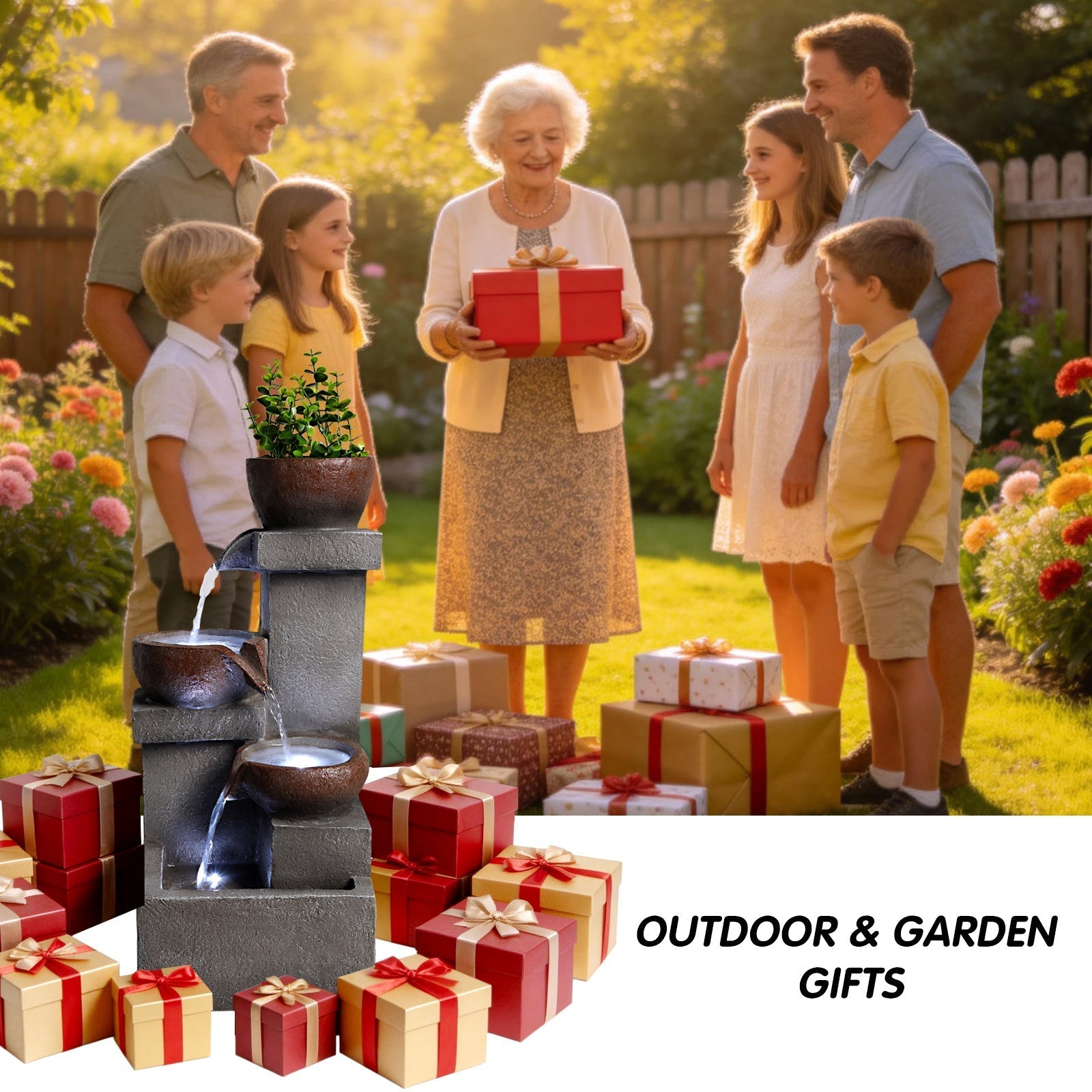 Outdoor Water Fountain Tiered Cascading Jar Waterfall Resin Garden Patio Decor with LED Lights