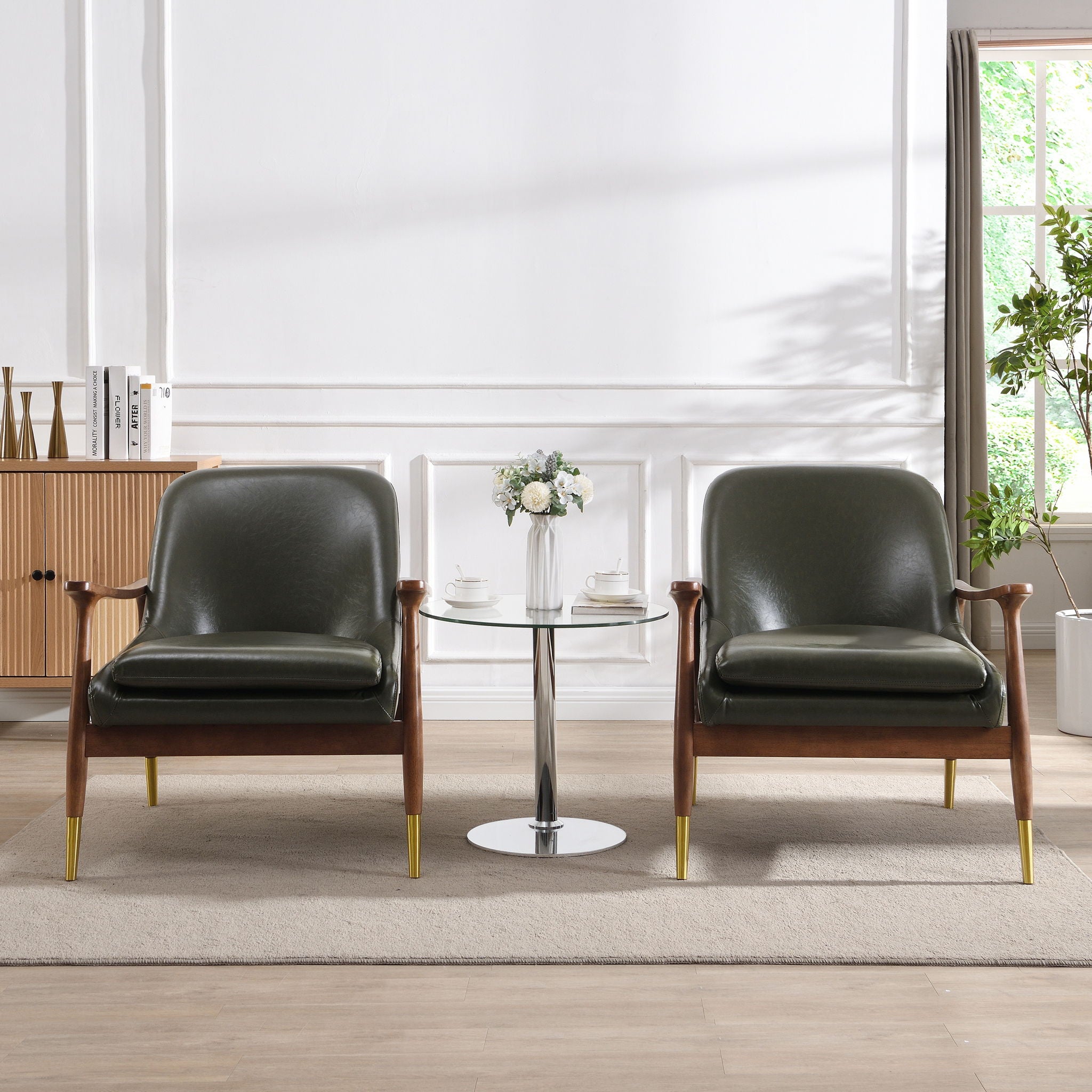 Mid - Century Accent Chair With Cushioned Seat, Brass Tipped Legs