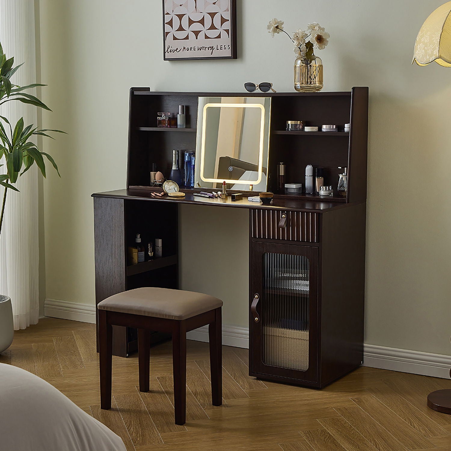 Modern Elegance Makeup Vanity Desk With Adjustable Lighted Mirror Storage Shelves Drawer And Cabinet - Walnut - Best Buy Furniture