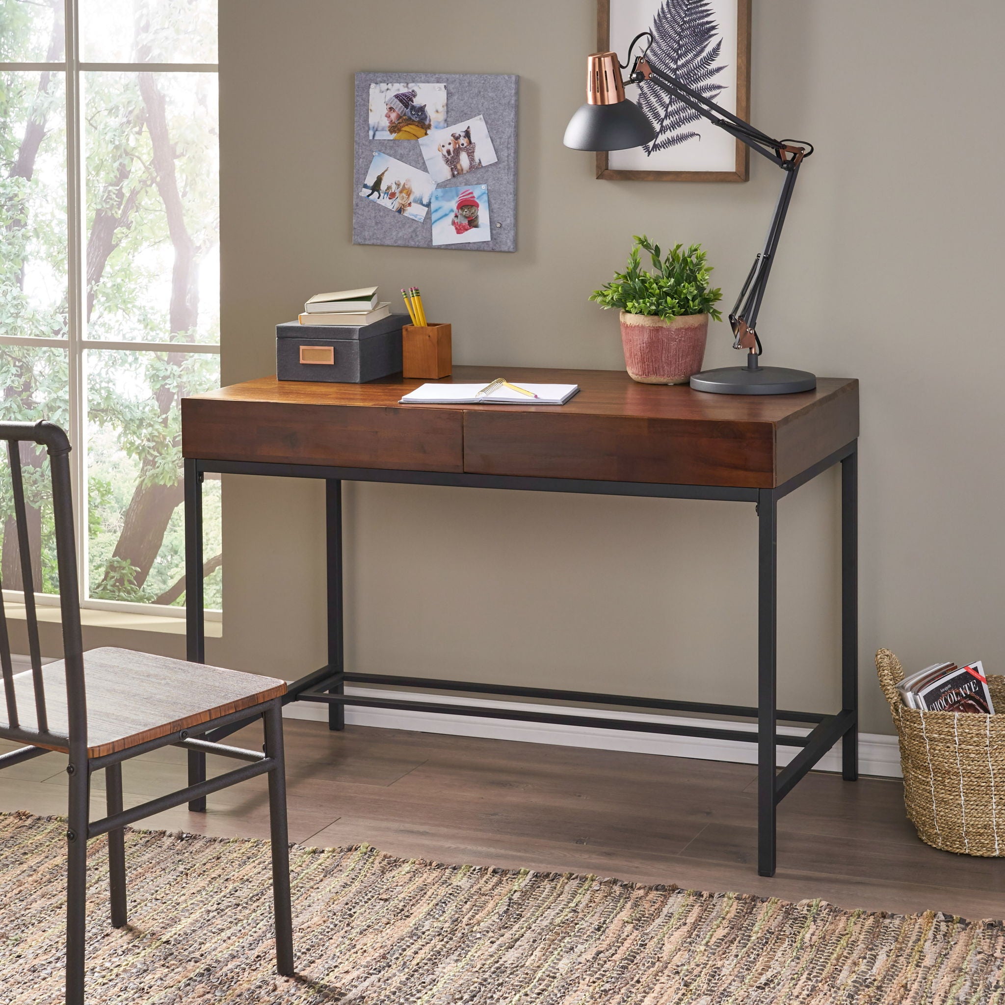 Industrial Style Storage Desk With Acacia Wood Top And Metal Legs - Oak - Best Buy Furniture