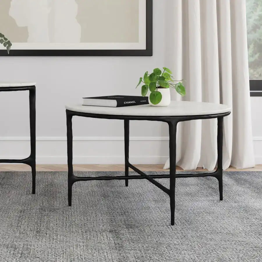 Hermas - Round Genuine Marble Top Metal Coffee Table - White