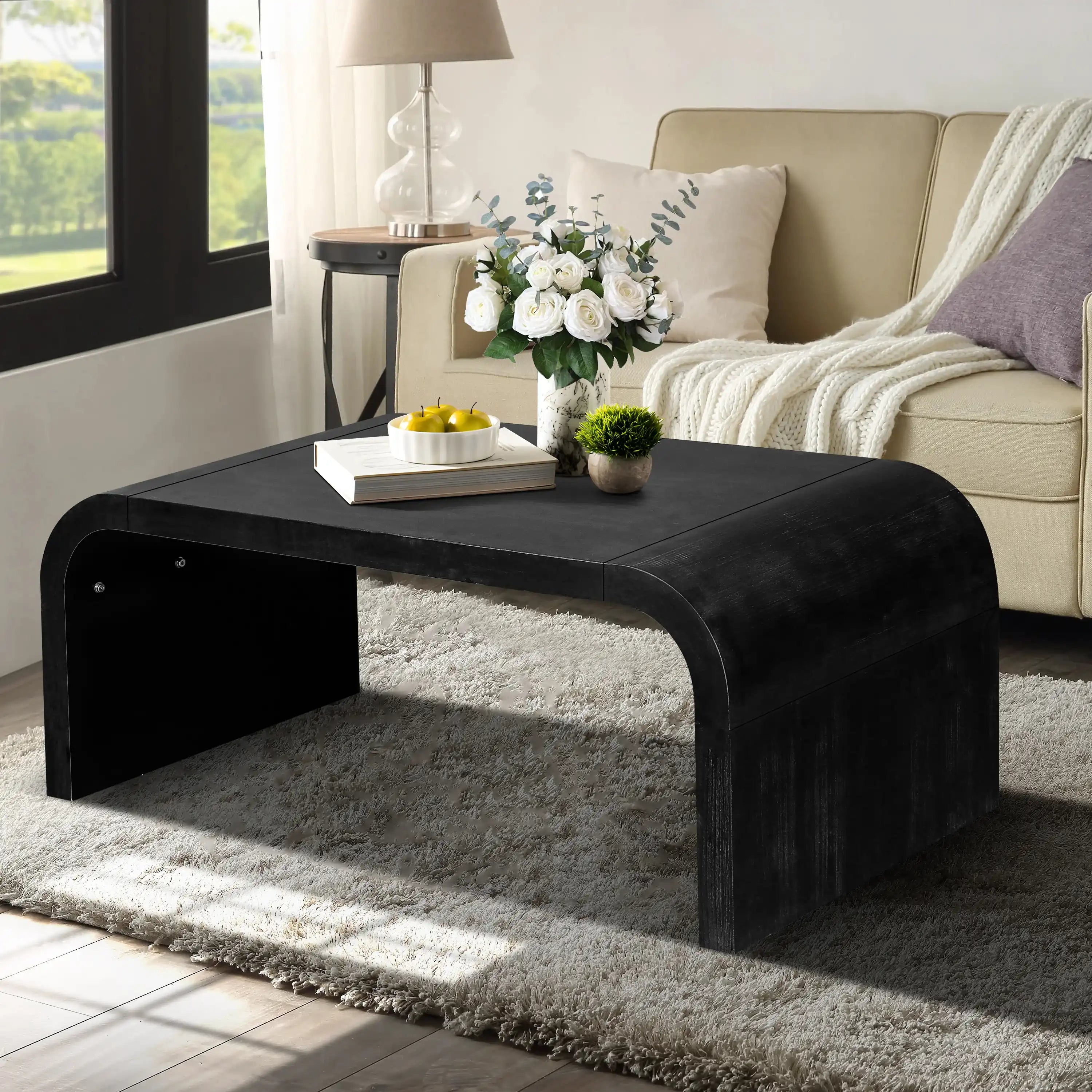 Rune Black Modern Curved Coffee Table Art Deco Design