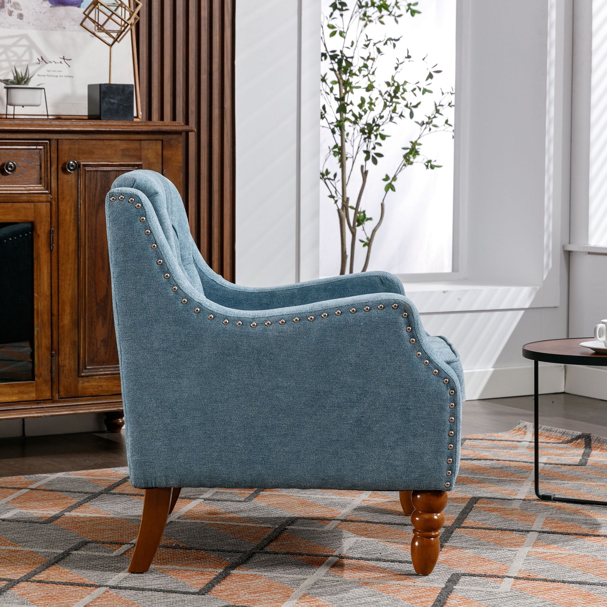 Accent Chair, Living Room Chair, Footrest Chair Set With Vintage Brass Studs, Button Tufted Upholstered Armchair For Living Room, Comfy Reading Chair For Bedroom, Reception Room - Best Buy Furniture