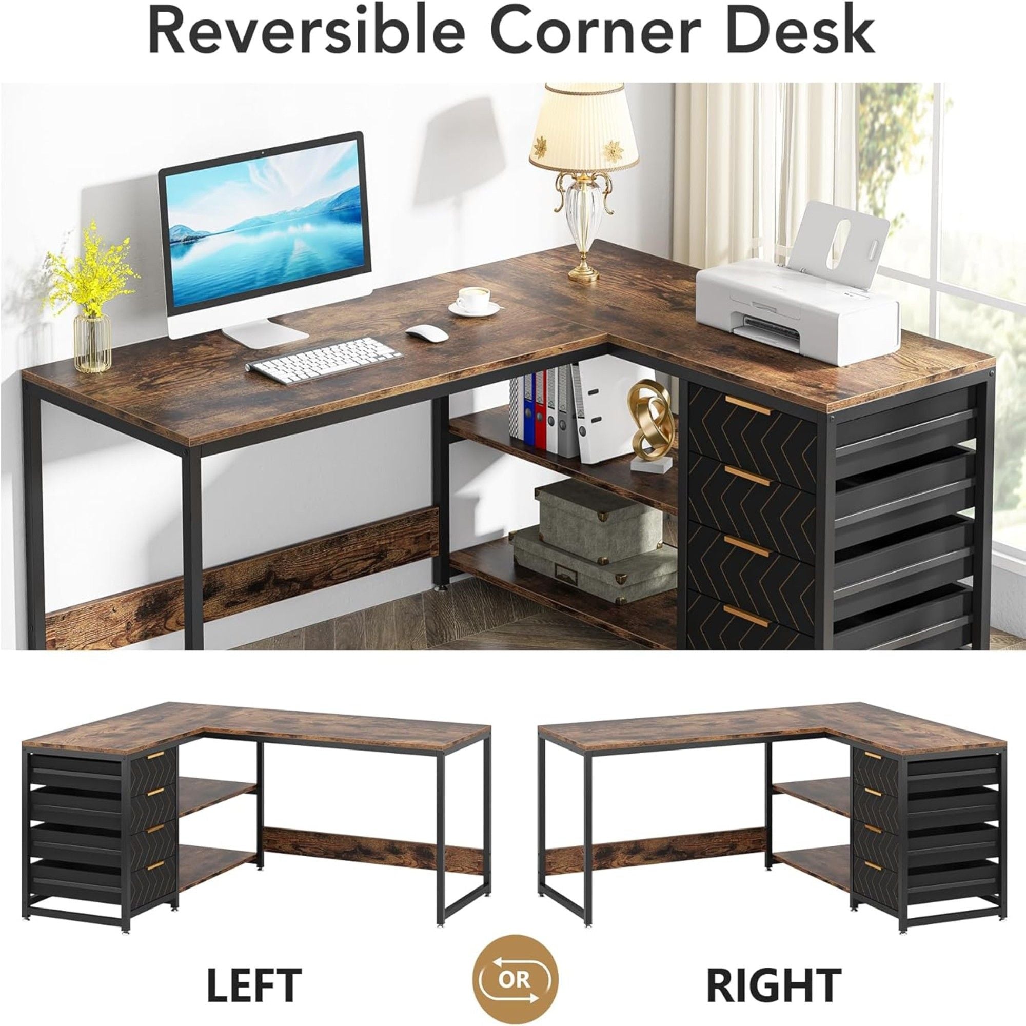 L-Shaped Computer Desk With Drawers And Shelves, Workstation For Home Office