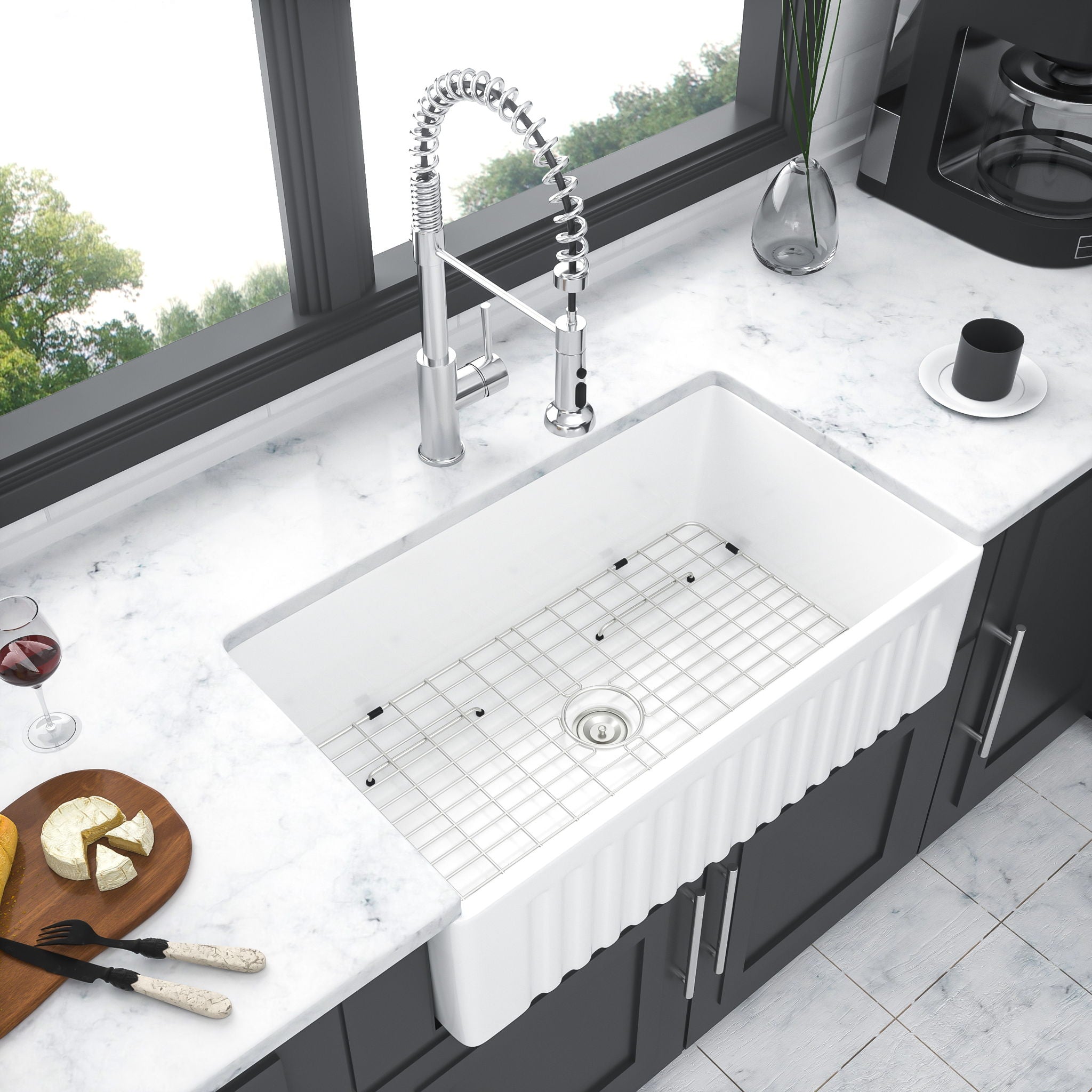 Sink 30" Apron Front Reversible Single Bowl Kitchen Sink With Grid And Strainer - White