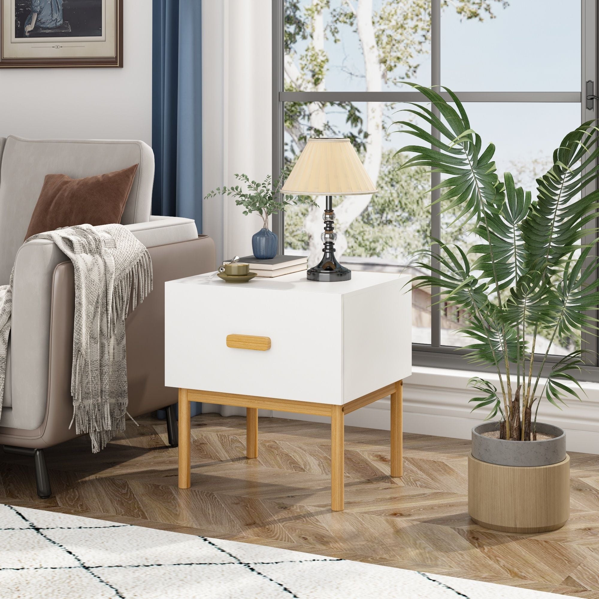 Nightstand With Drawer, Minimalist Bedside Table With Handle For Bedroom - White