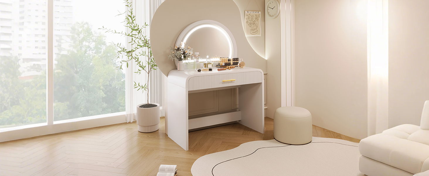Makeup Vanity Table With Mirror Touch Screen Lighted Mirror, Dressing Table With Drawer For Bedroom - White - Best Buy Furniture