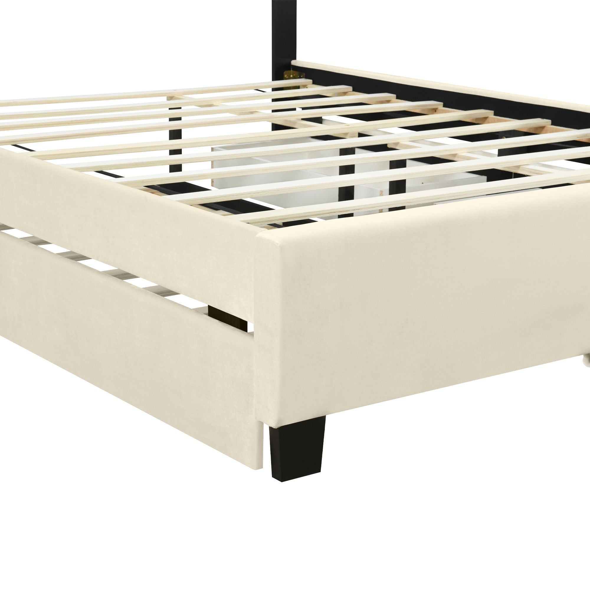 Upholstered Platform Bed With 2 Drawers And 1 Trundle, Classic Strip Headboard Design