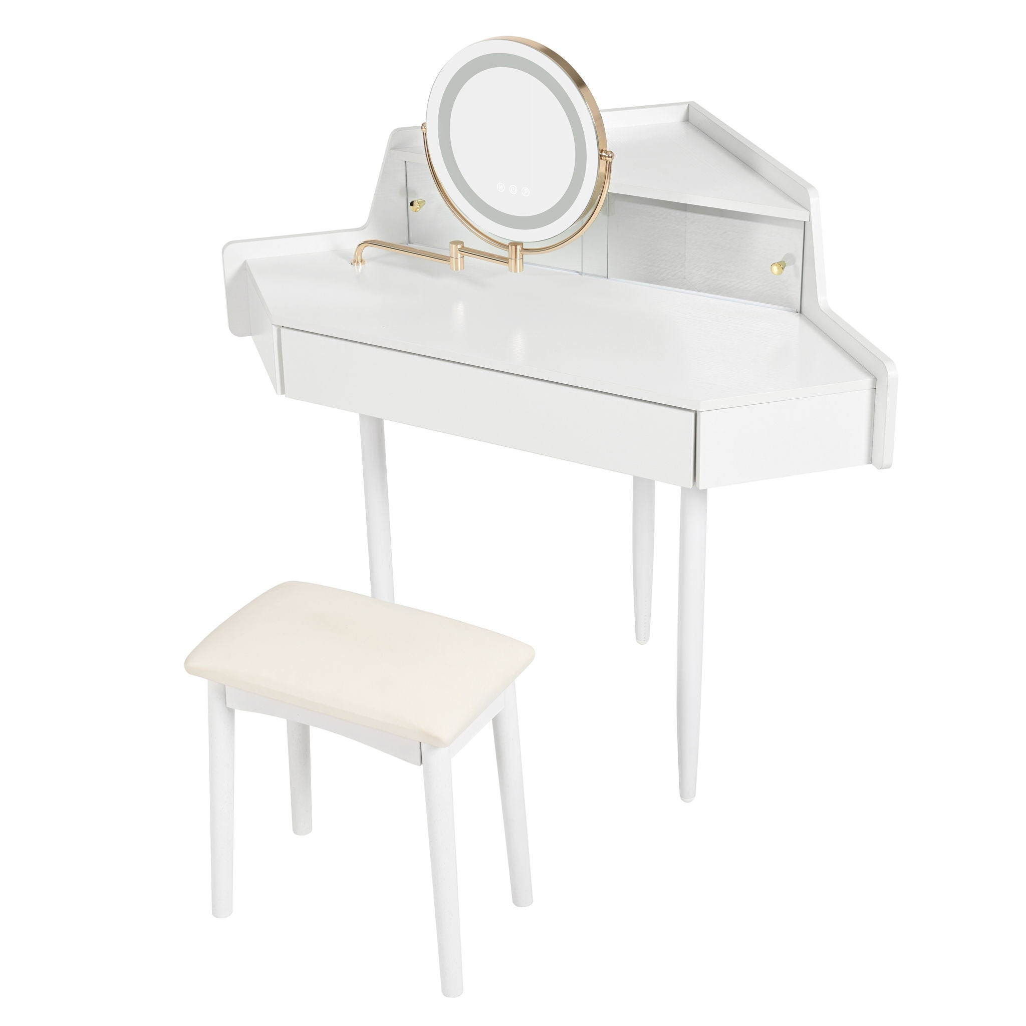 Modern Corner Makeup Vanity Desk With Large Storage, LED Mirror & Stool, Adjustable Brightness, Space Saving - White - Best Buy Furniture