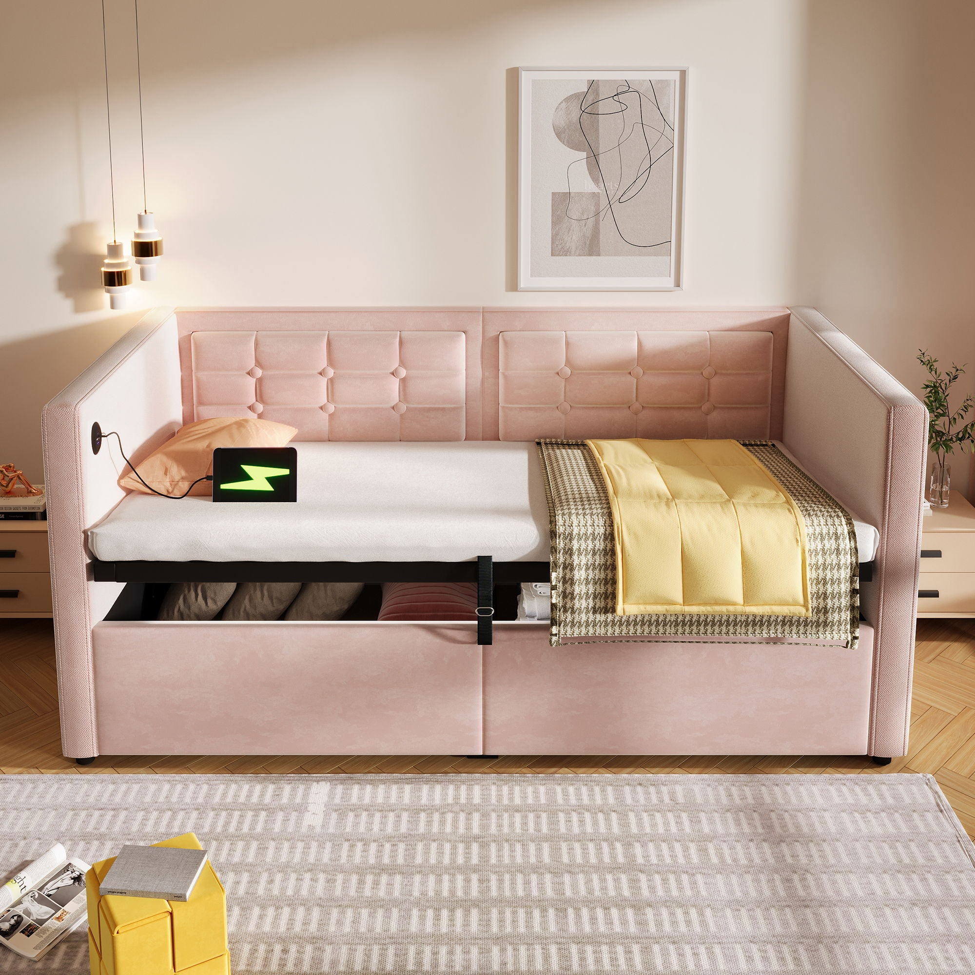 Upholstered Hydraulic Storage Daybed With USB & Type C Charging