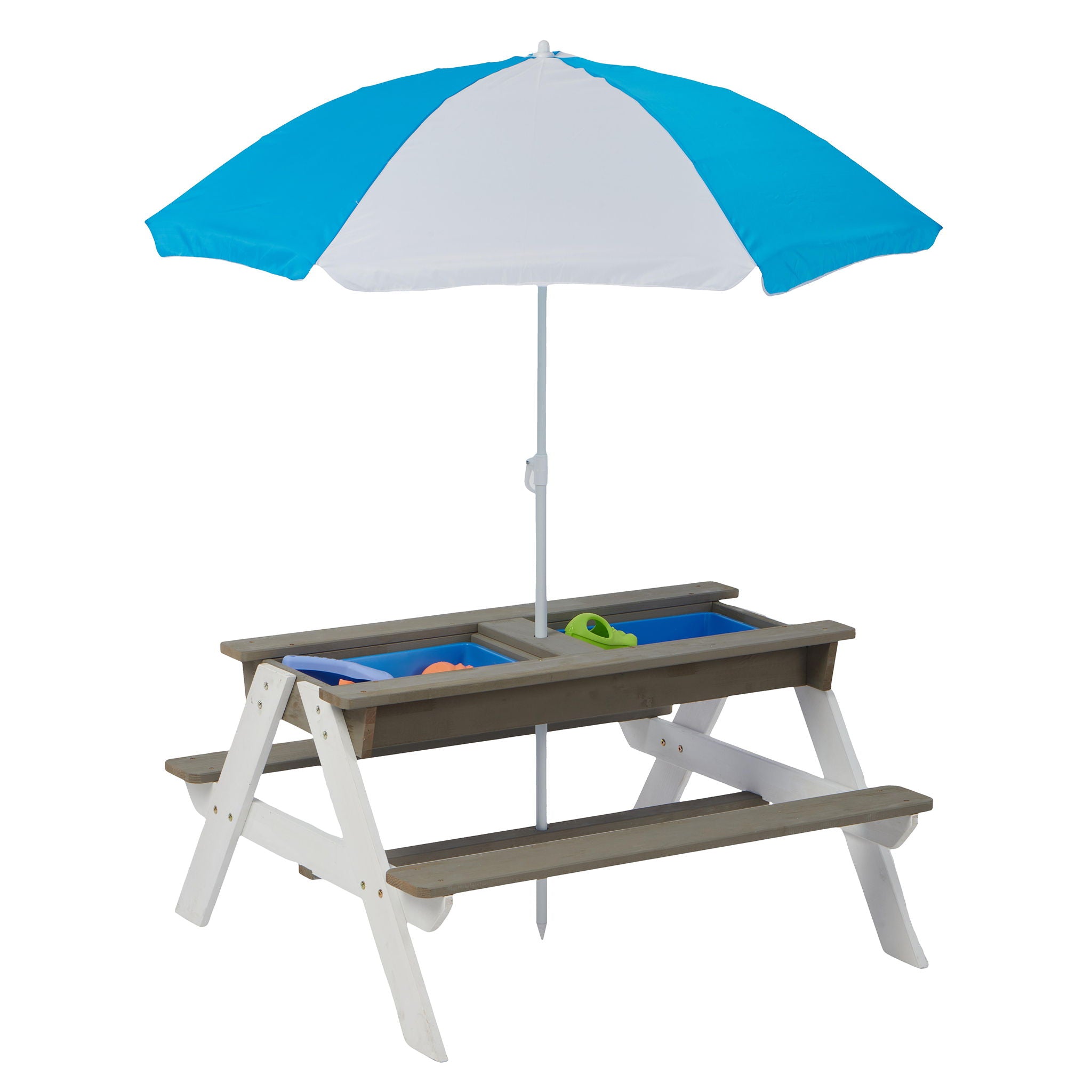 Wooden Kids Picnic Table, Sand And Water Table With Umbrella, Activity Table For Outdoor Backyard Patio Play - White / Gray