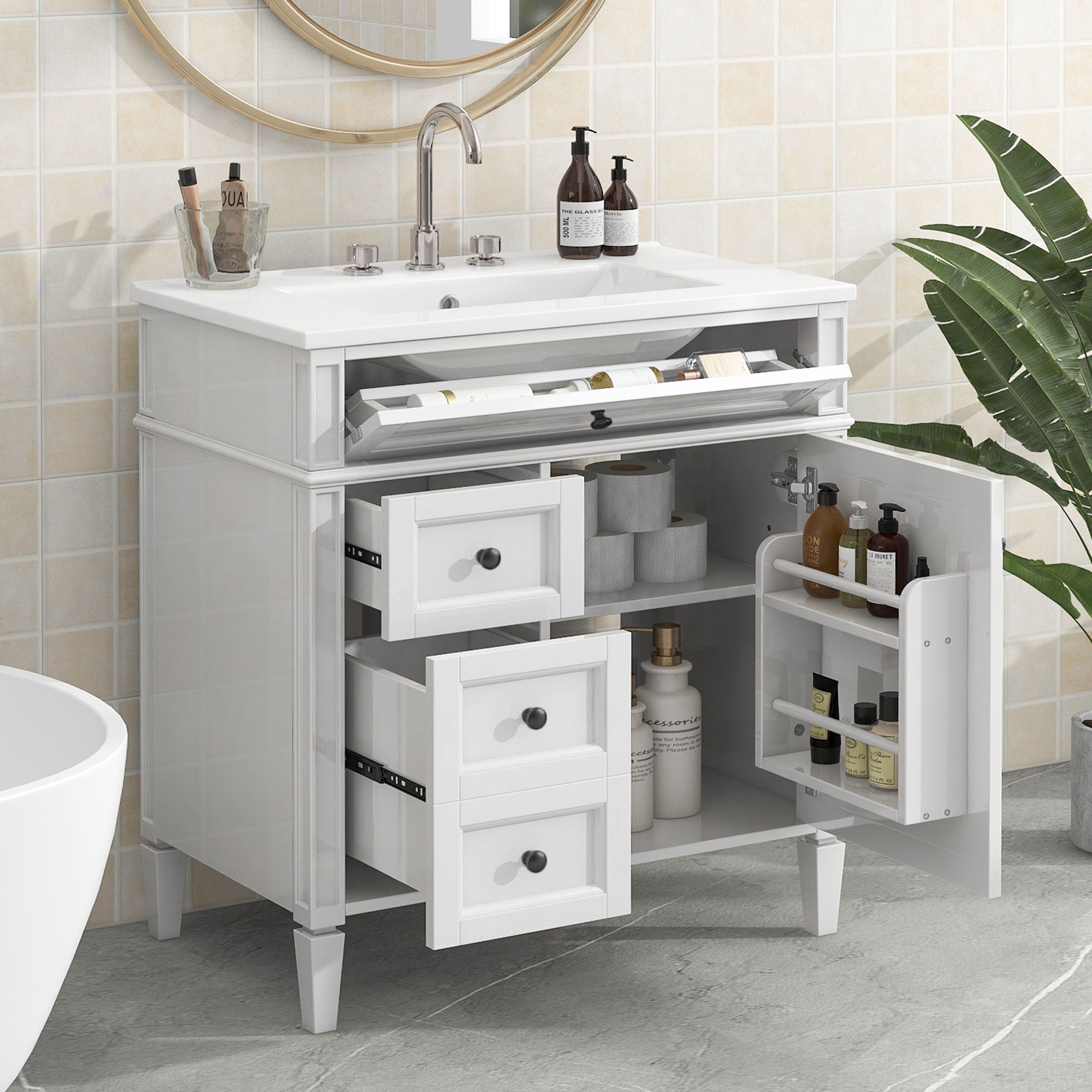 Bathroom Vanity With Top Sink, Storage Cabinet With 2 Drawers, Tip Out Drawer