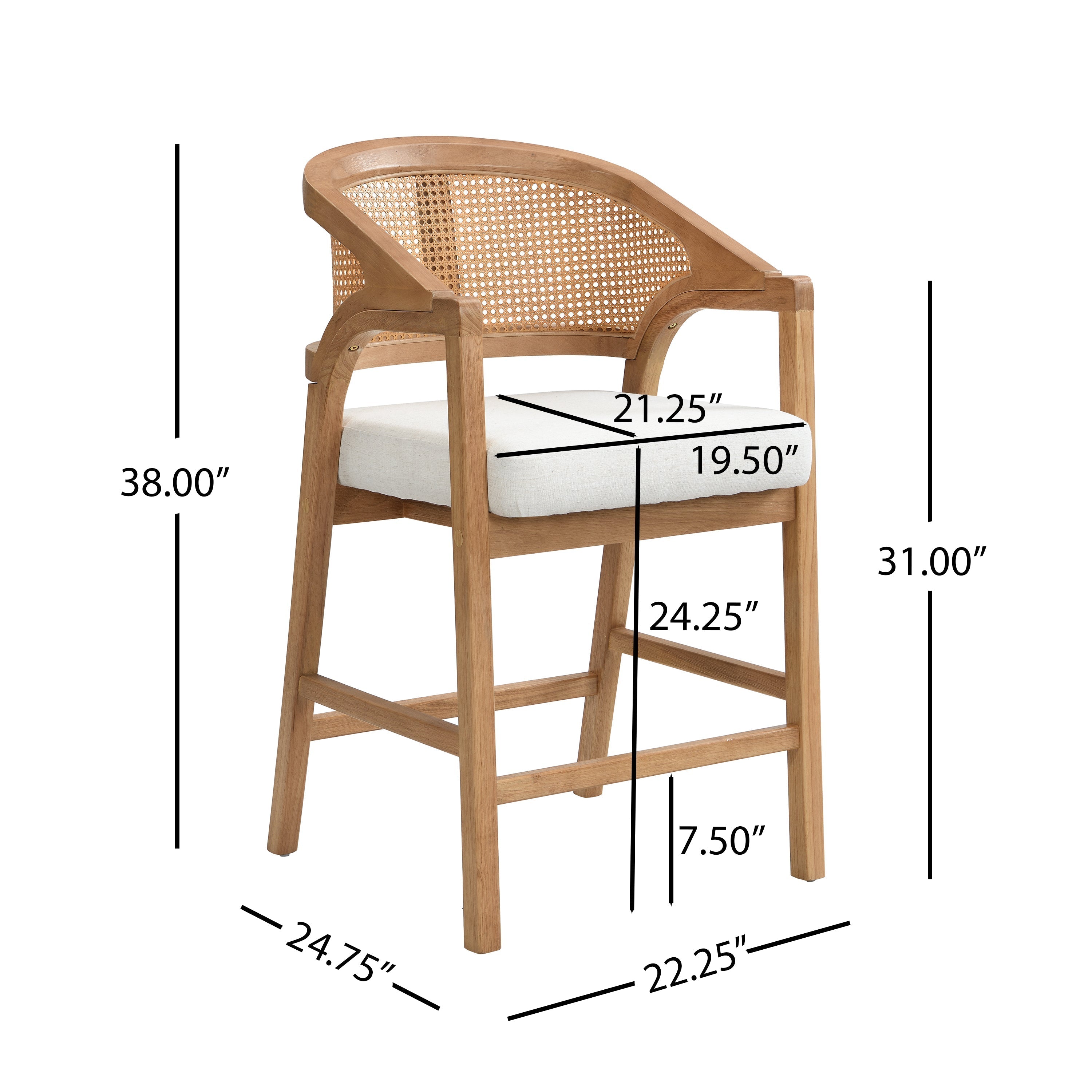 Wooden Frame Counter Stool with Rattan Back - Set of 2